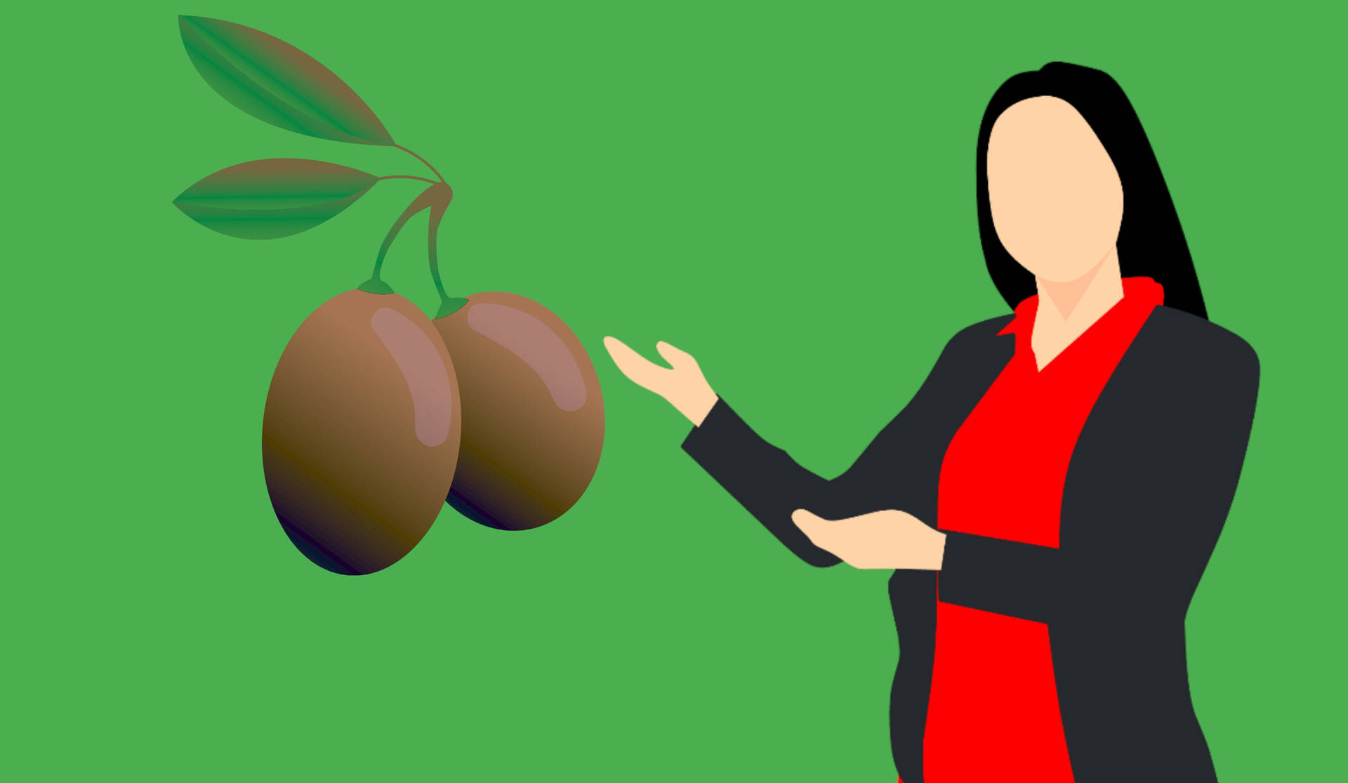穿著商務服裝的女性向樹枝上的橄欖做手勢。