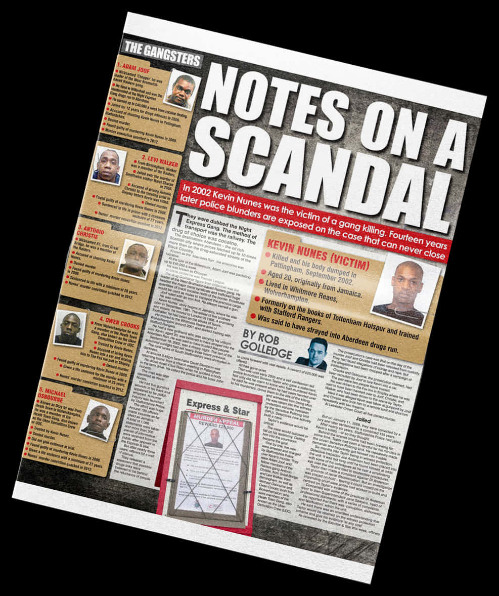 新聞報導醜聞揭發 壁紙 — 一份傾斜的報紙跨頁，標題為「Notes on a Scandal」，詳細報導2002年的一宗幫派殺人案，附有照片和文字，講述受害者及警方失誤。