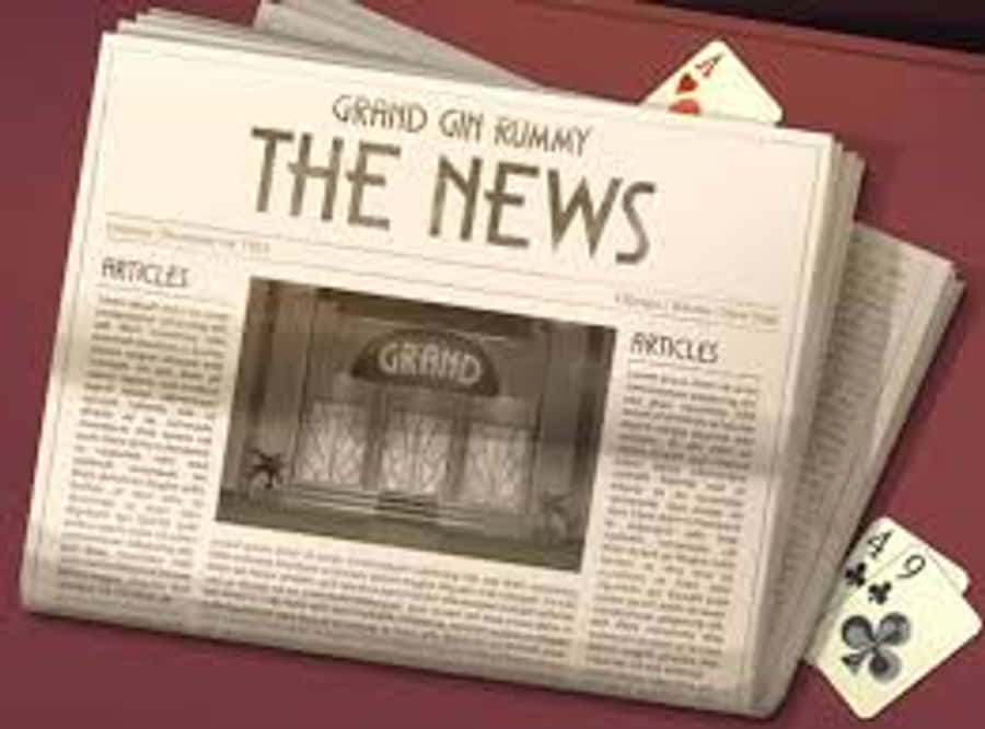 新聞報紙《Grand Gin Rummy The News》 壁紙 — 一份名為「THE NEWS」的復古報紙，標題為「GRAND GIN RUNWAY」，附近散落著撲克牌。