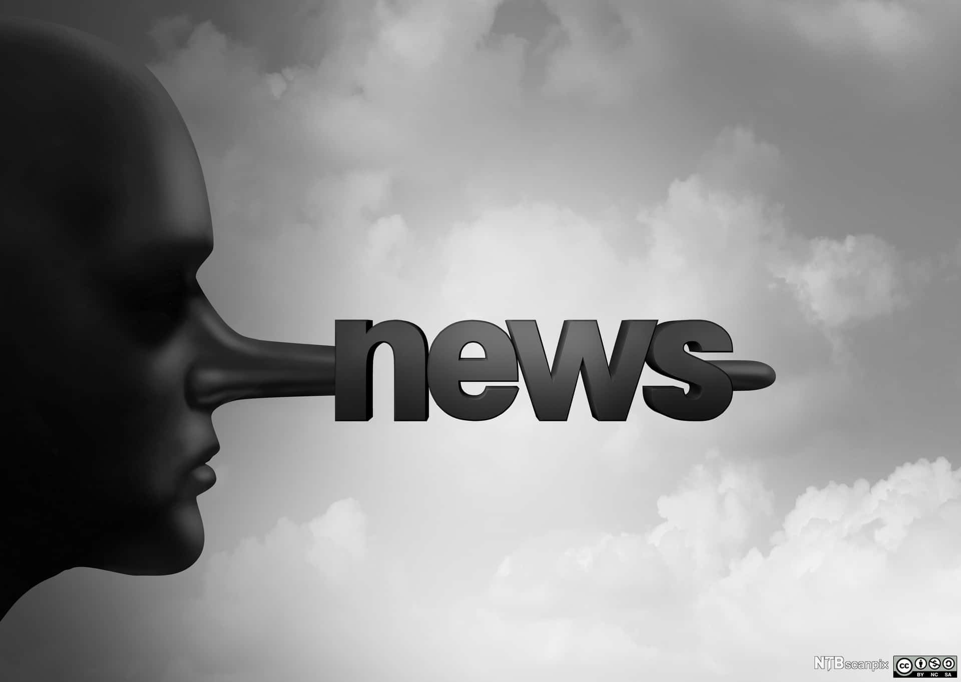 超現實黑白人物，鼻子呈 news 一詞形狀，背景陰天。