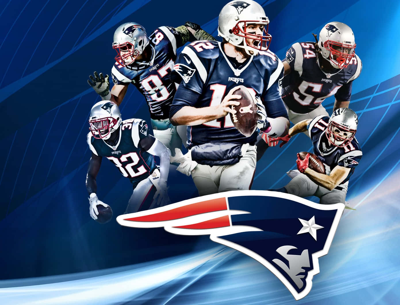 Super Bowl 桌布 壁紙 — 新英格蘭愛國者隊美式足球員在充滿活力的藍色動態背景上以動作姿勢組成的動態拼貼畫，並帶有球隊標誌。