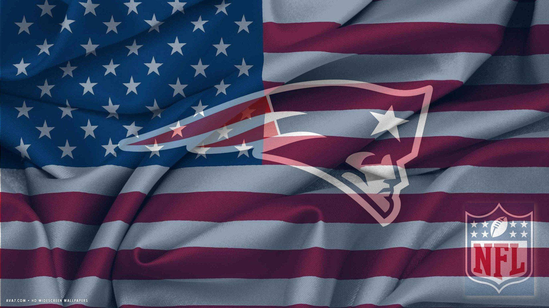 飄揚的美國國旗，帶有新英格蘭愛國者隊標誌和NFL盾牌。