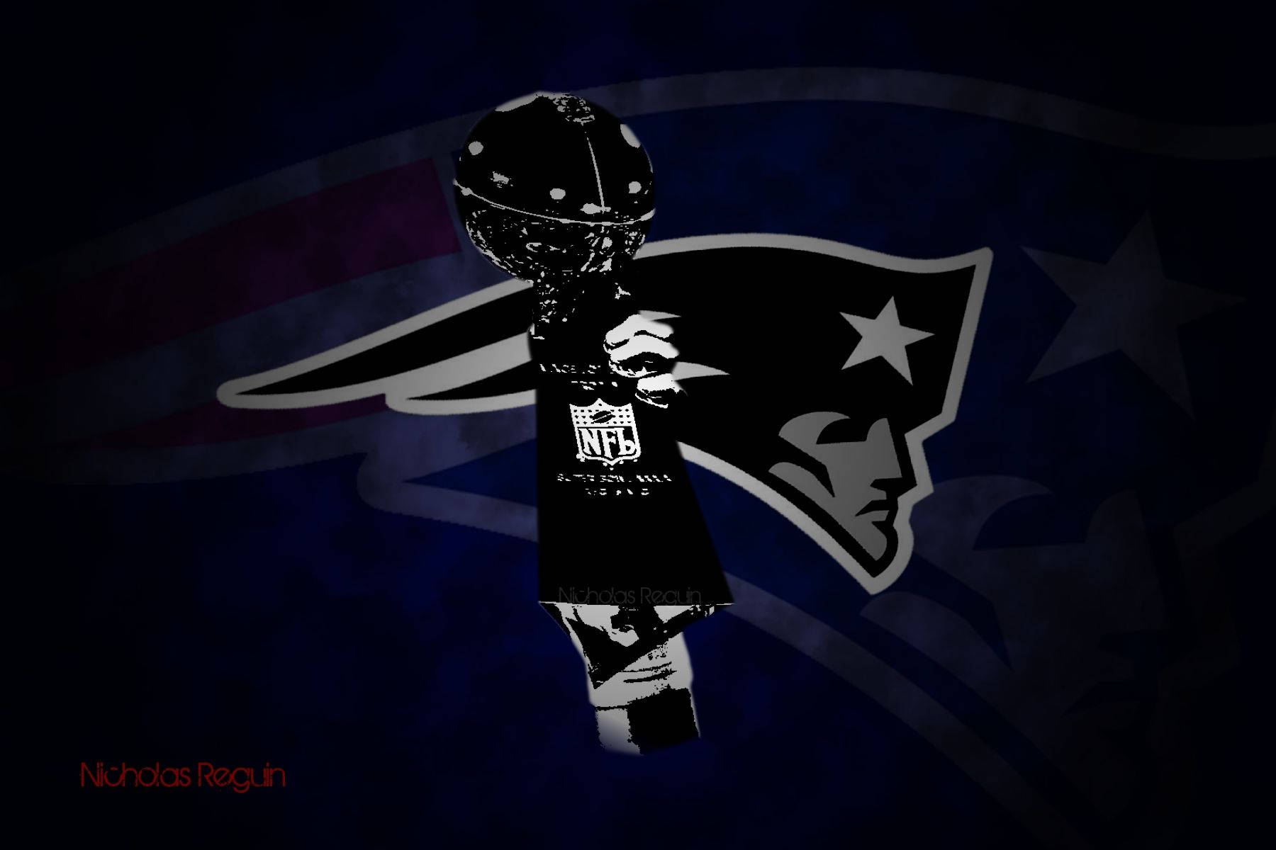 足球運動員剪影在 Patriots 標誌上方舉起獎盃。