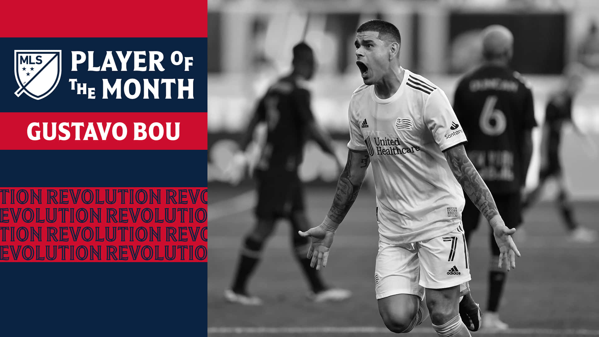 足球員古斯塔沃·保以黑白風格慶祝，並帶有「Player of the Month」文字疊加。
