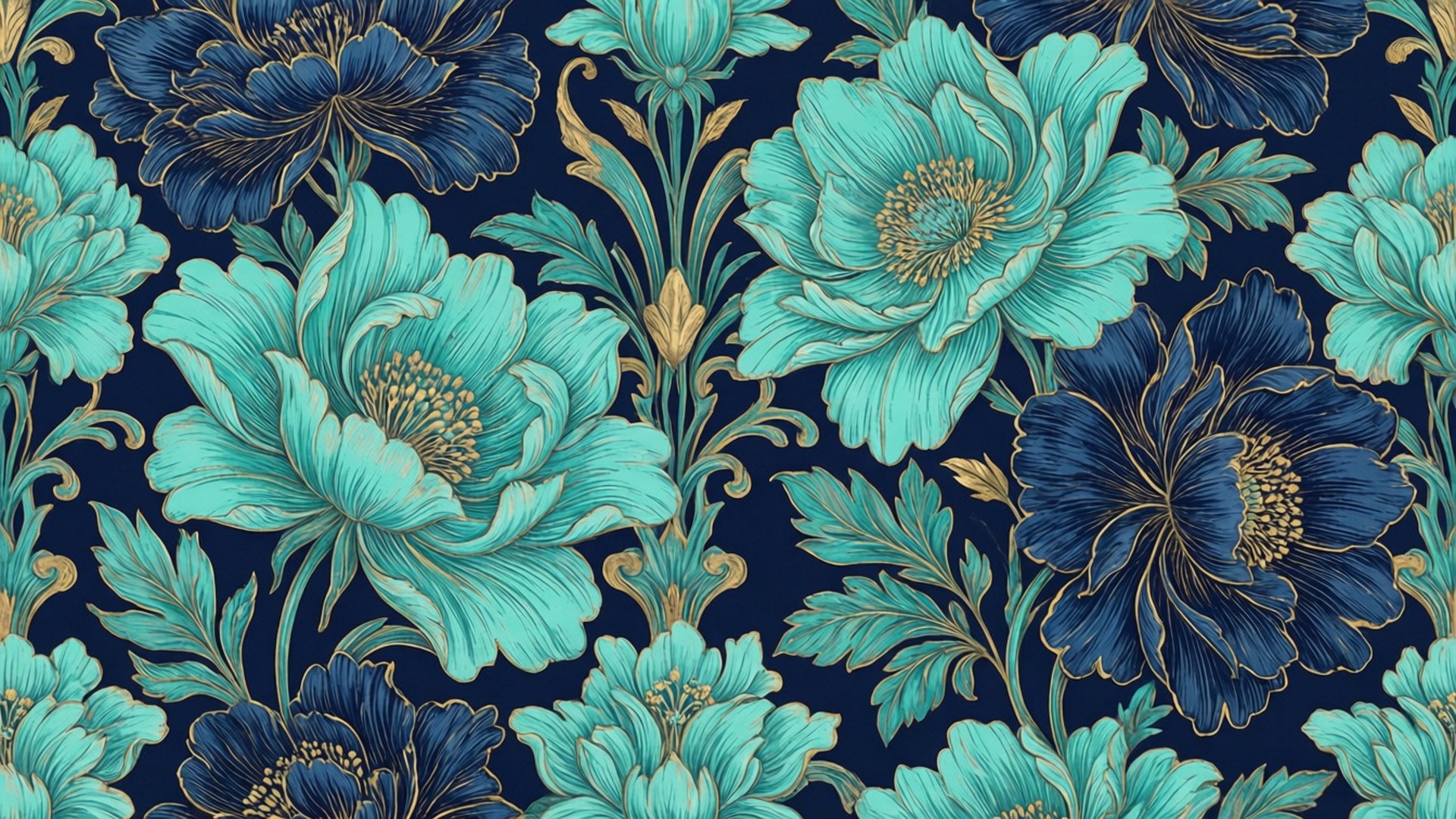 華麗的花卉壁紙，在深色背景上以金色勾勒出綠松石色和海軍藍色的牡丹花。