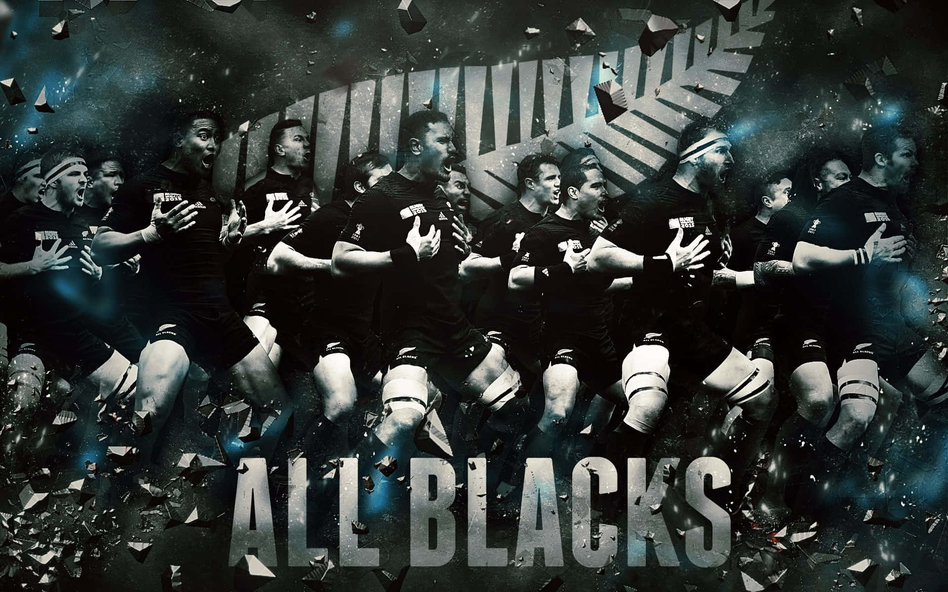 Rugby 桌布 壁紙 — 新西蘭全黑隊欖球隊身穿黑色球衣，帶着碎裂玻璃效果和發光藍色點綴向前衝鋒。