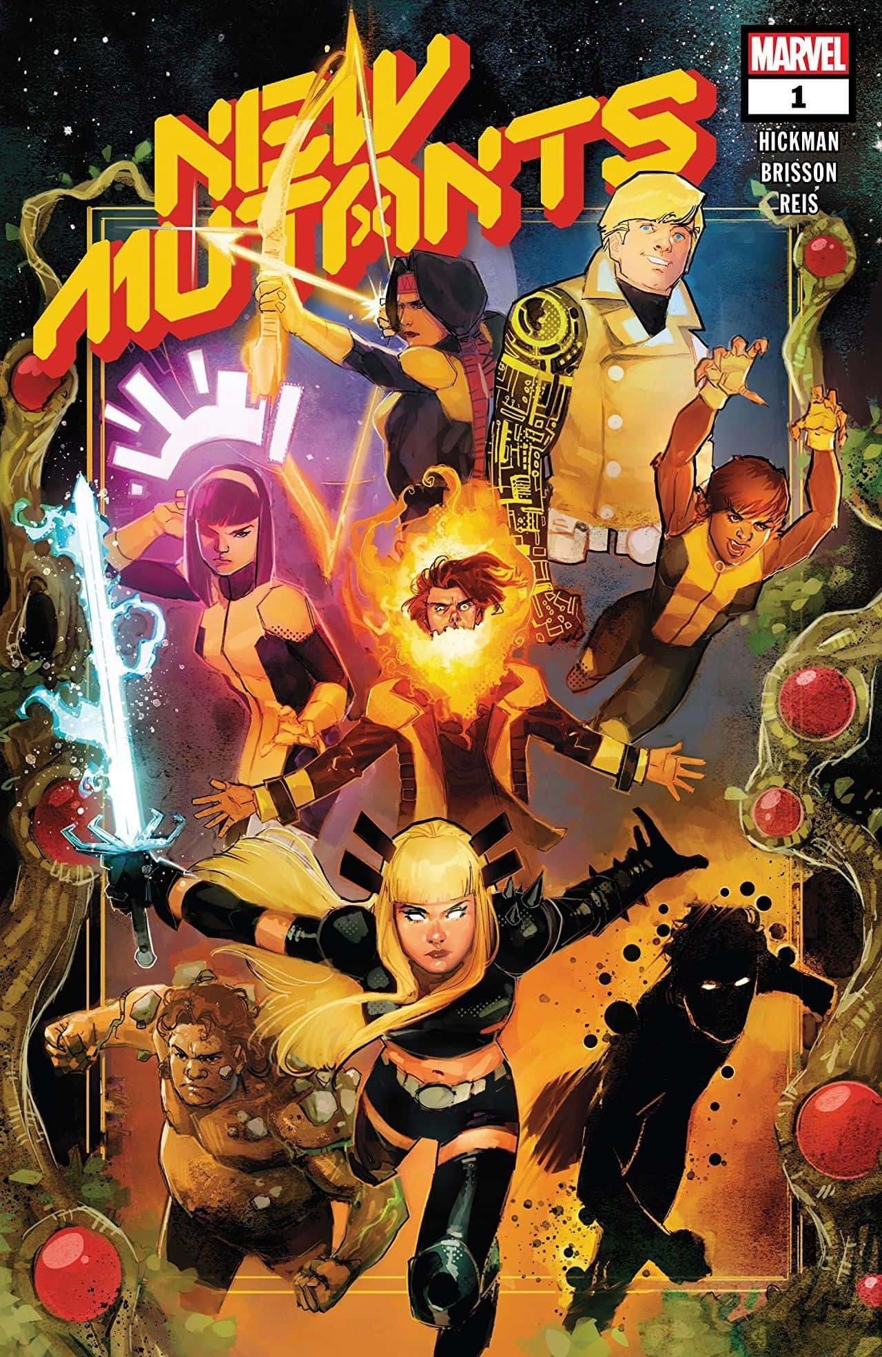 New Mutants 桌布 壁紙 — 《新變種人》的動態漫畫封面，六位英雄在帶有發光效果的宇宙背景下擺出動作姿勢。