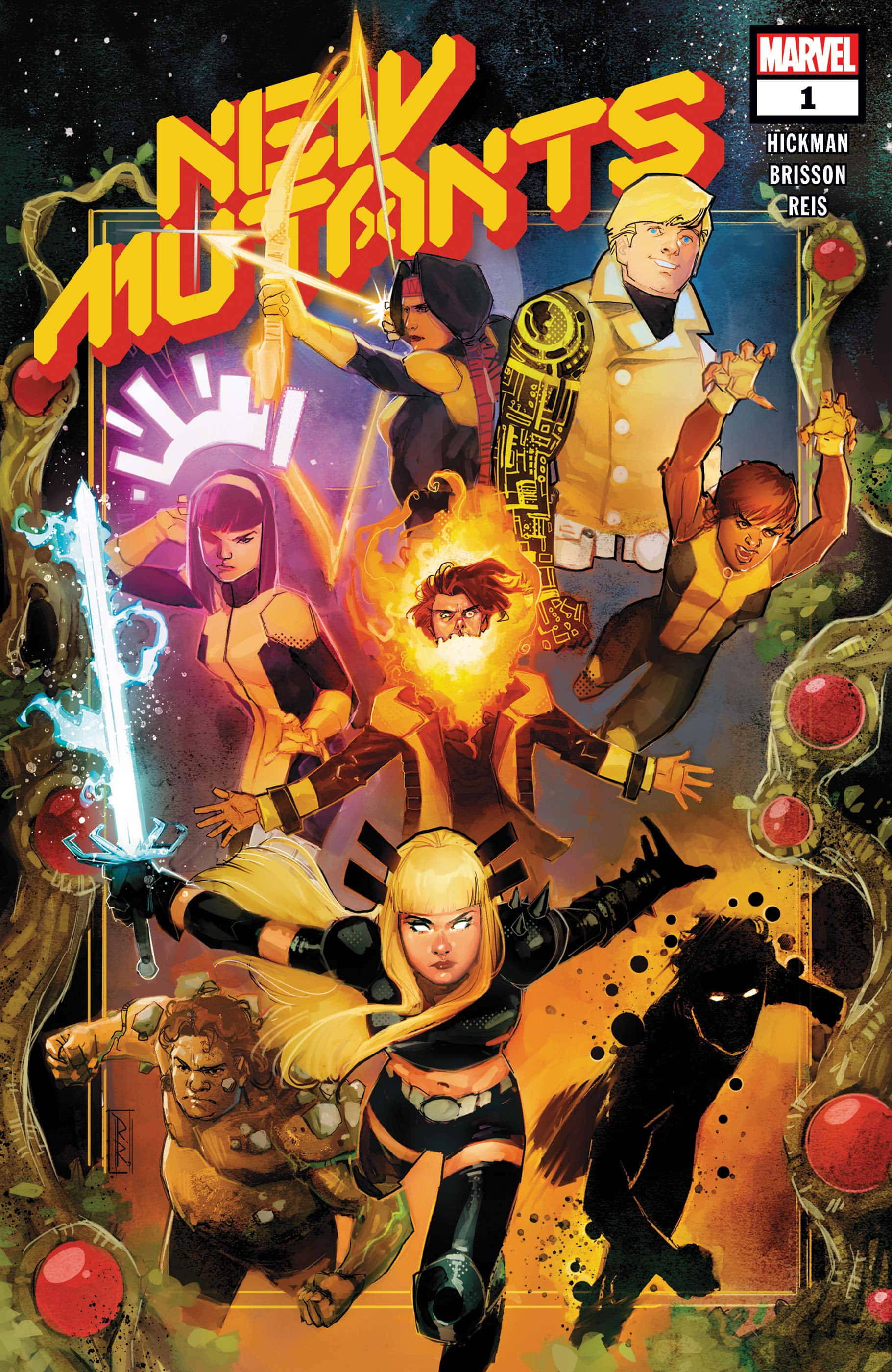 Mutants 桌布 壁紙 — 《新變種人》的動態漫畫封面，六位英雄在宇宙背景下擺出動作姿勢，帶有發光能量效果。