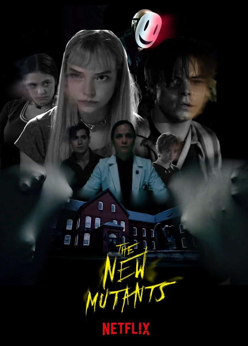 New Mutants 桌布 壁紙 — 《新變種人》的黑暗電影海報， featuring 五位年輕變種人表情嚴肅，一個發光的紅色笑臉，以及黑色天空下陰森的紅色建築。