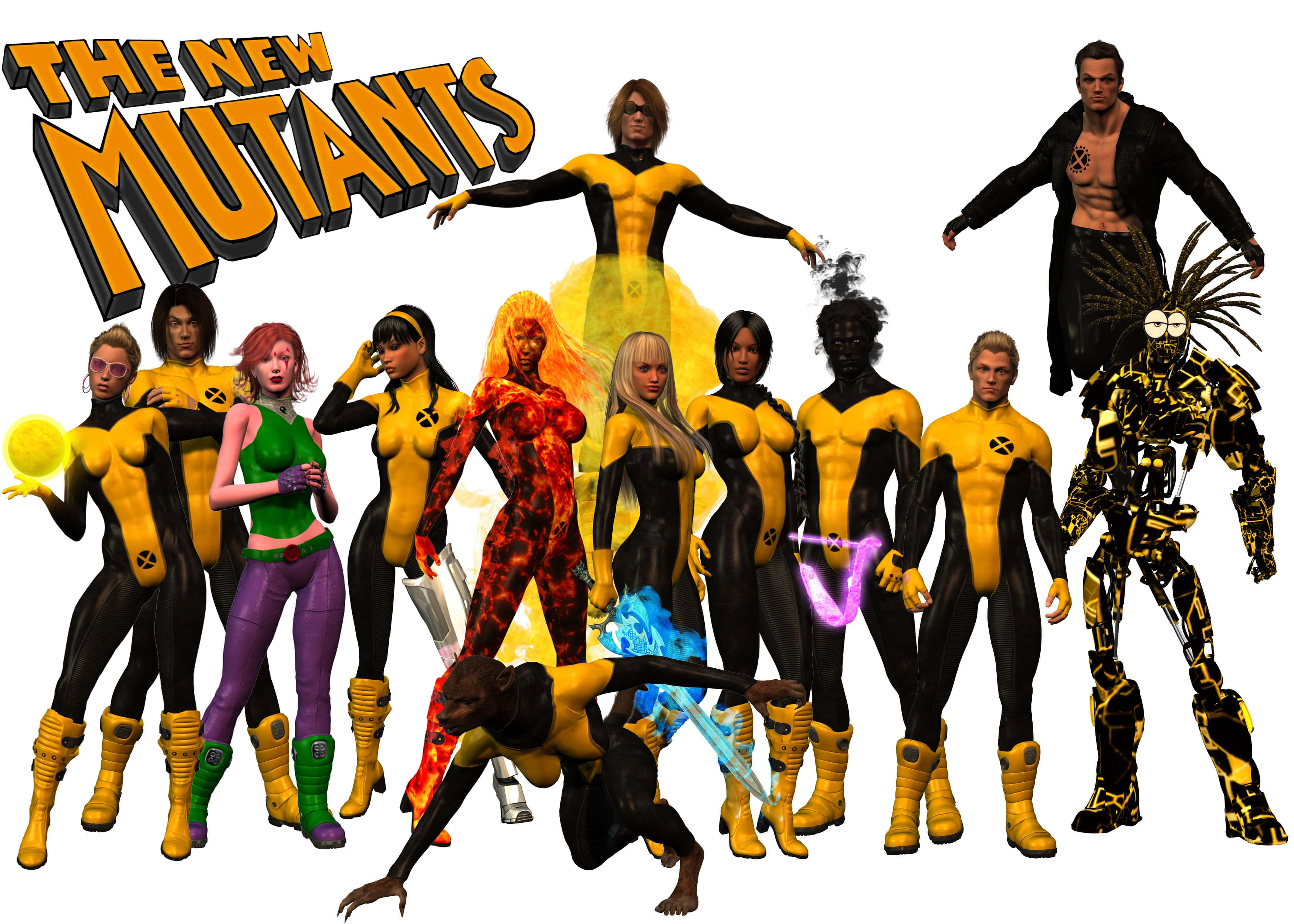 New Mutants 桌布 壁紙 — 新變種人團隊以他們標誌性的黃黑服裝，展現發光能力和變種人能力，動感十足地擺出姿勢。