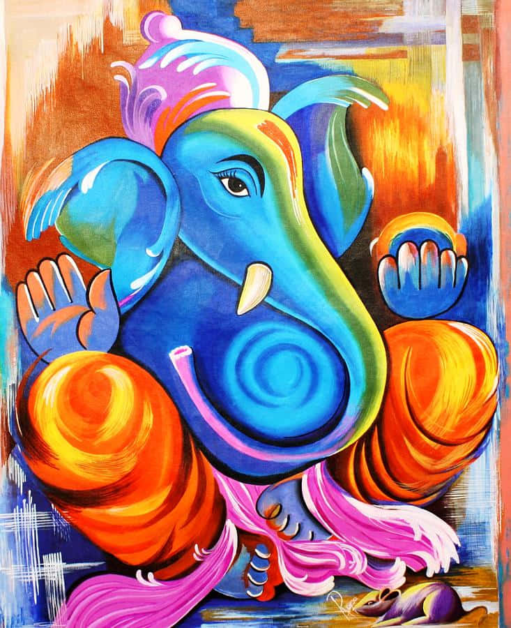 印度教神祇象頭神（Ganesha）的彩色抽象畫，藍色身體和橙色肢體。