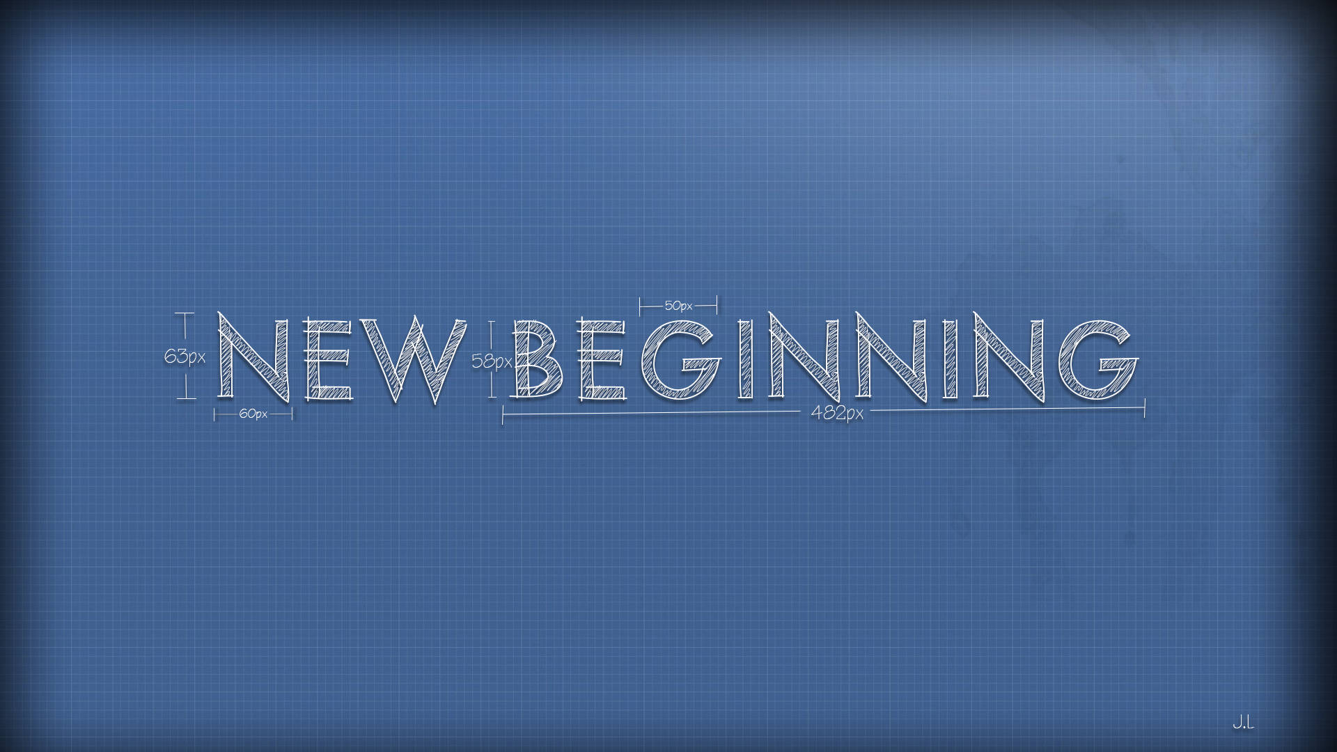 藍圖圖形，帶有「NEW BEGINNING」文字和尺寸線。
