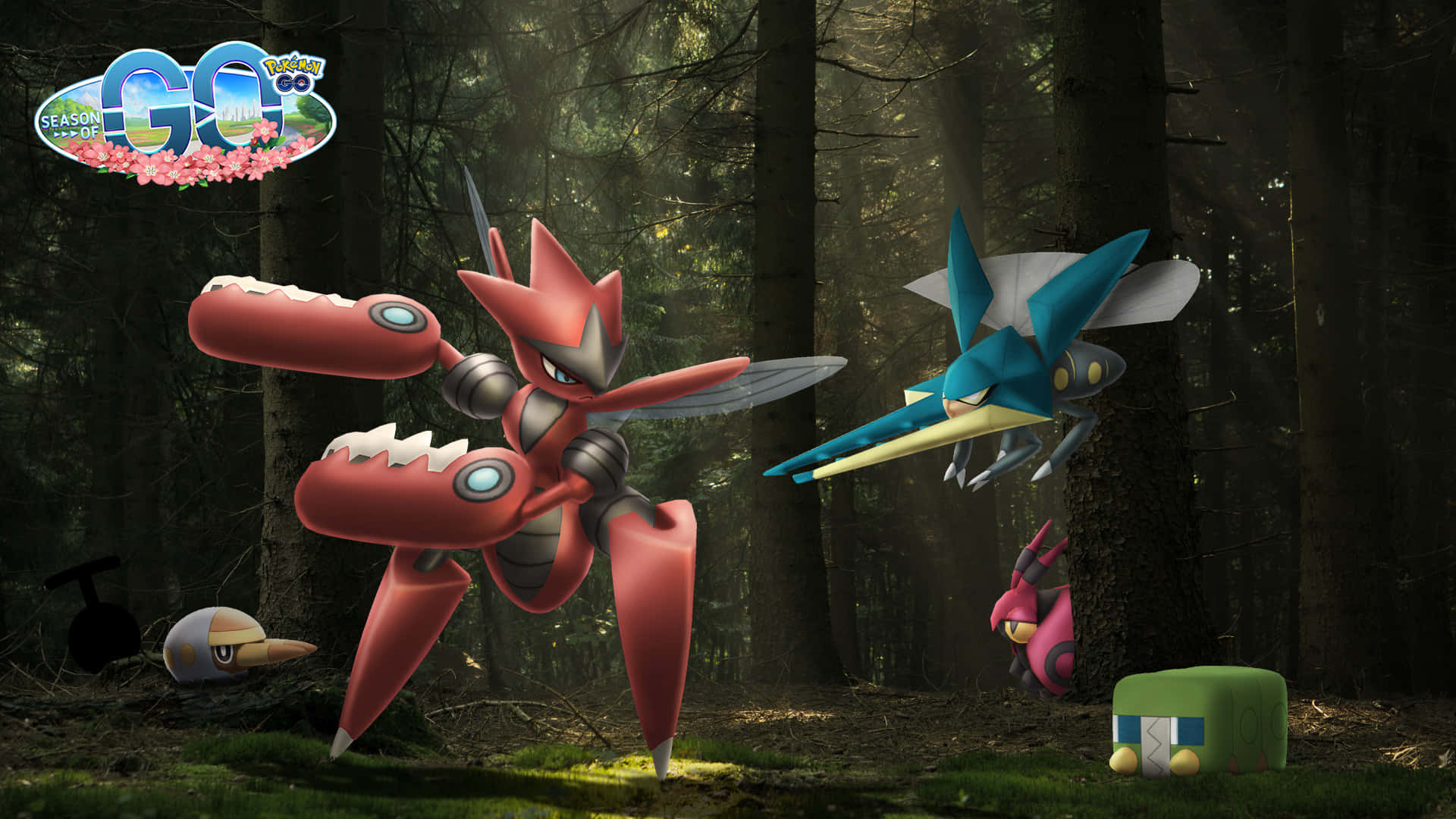 新鮮多彩蔬菜的歡樂組合 壁紙 — Pokémon 角色在陽光明媚的森林中戰鬥，斑駁的光線穿過高大的樹木。