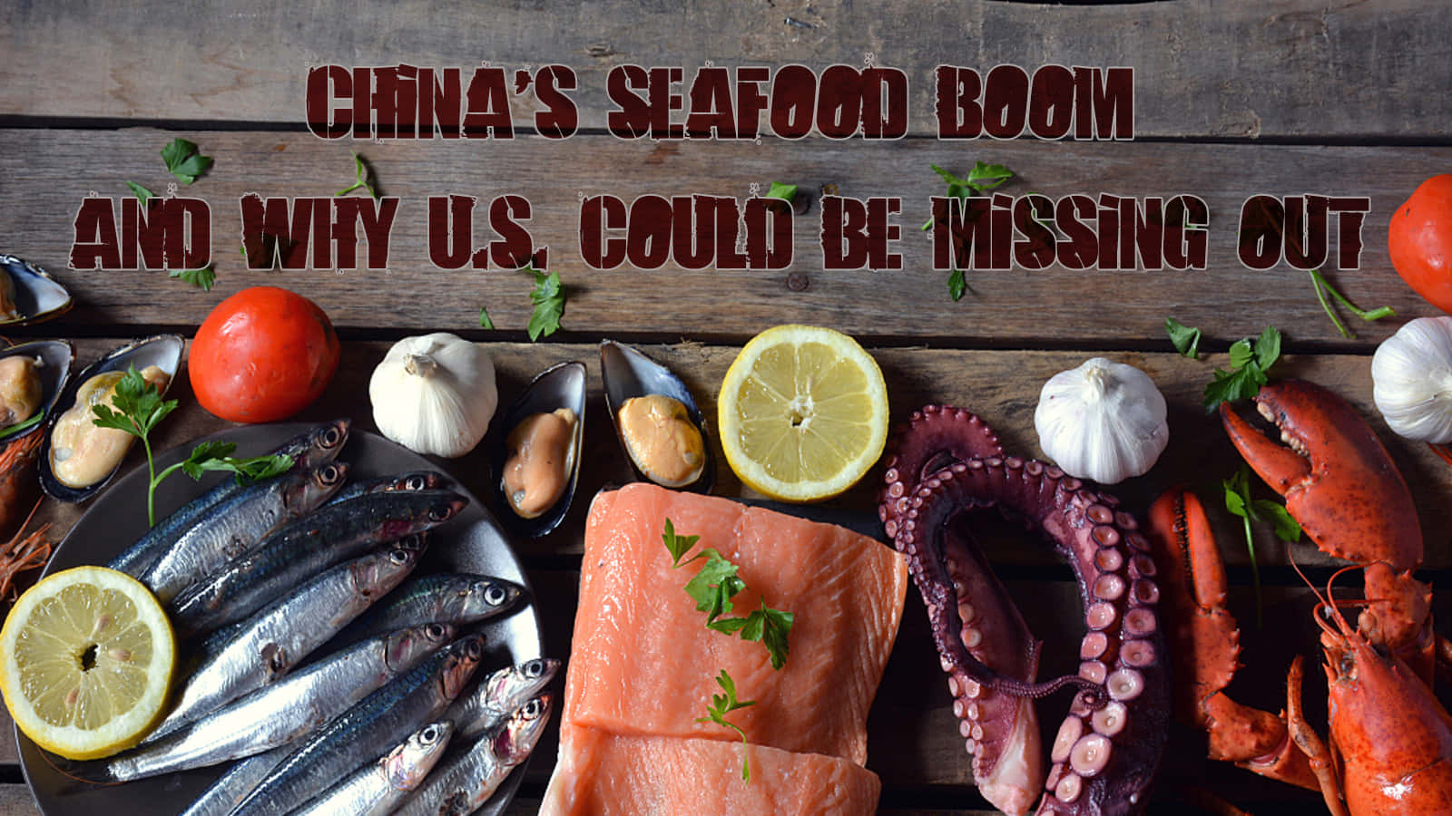 Seafood 桌布 壁紙 — 新鮮海鮮包括三文魚、青口、沙甸魚、八爪魚和龍蝦，配以檸檬、大蒜和香草，擺放在質樸的木桌上。