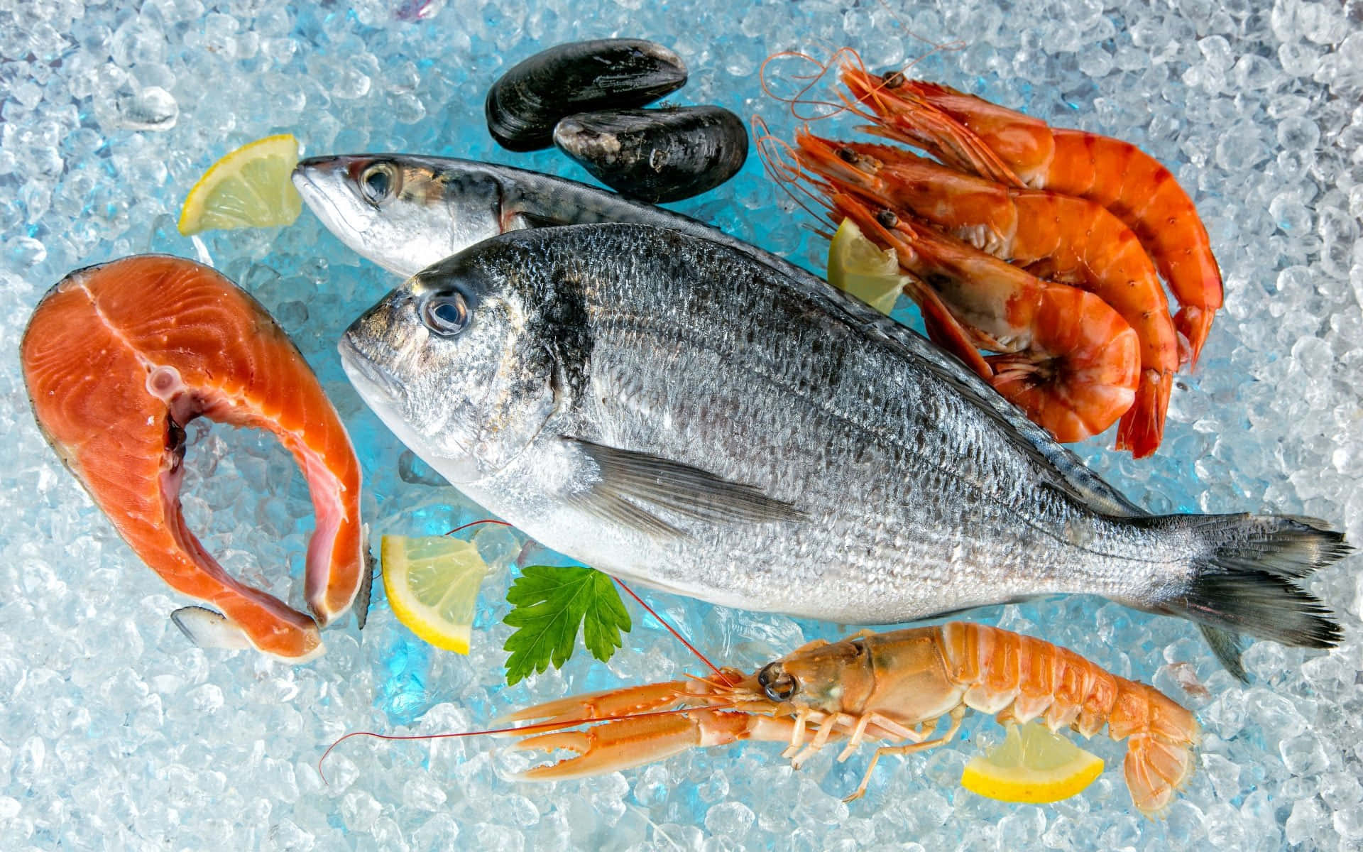 Seafood 桌布 壁紙 — 新鮮海鮮包括三文魚柳、全魚、蝦和青口，放在碎冰上，配以檸檬角和歐芹。