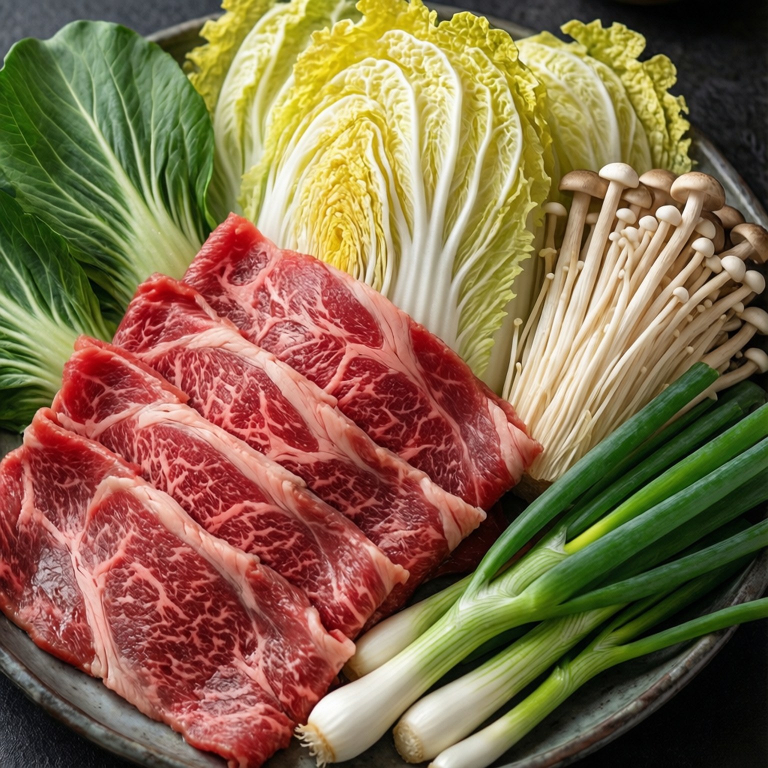 碟上新鮮牛肉片配椰菜、蘑菇和青蔥。