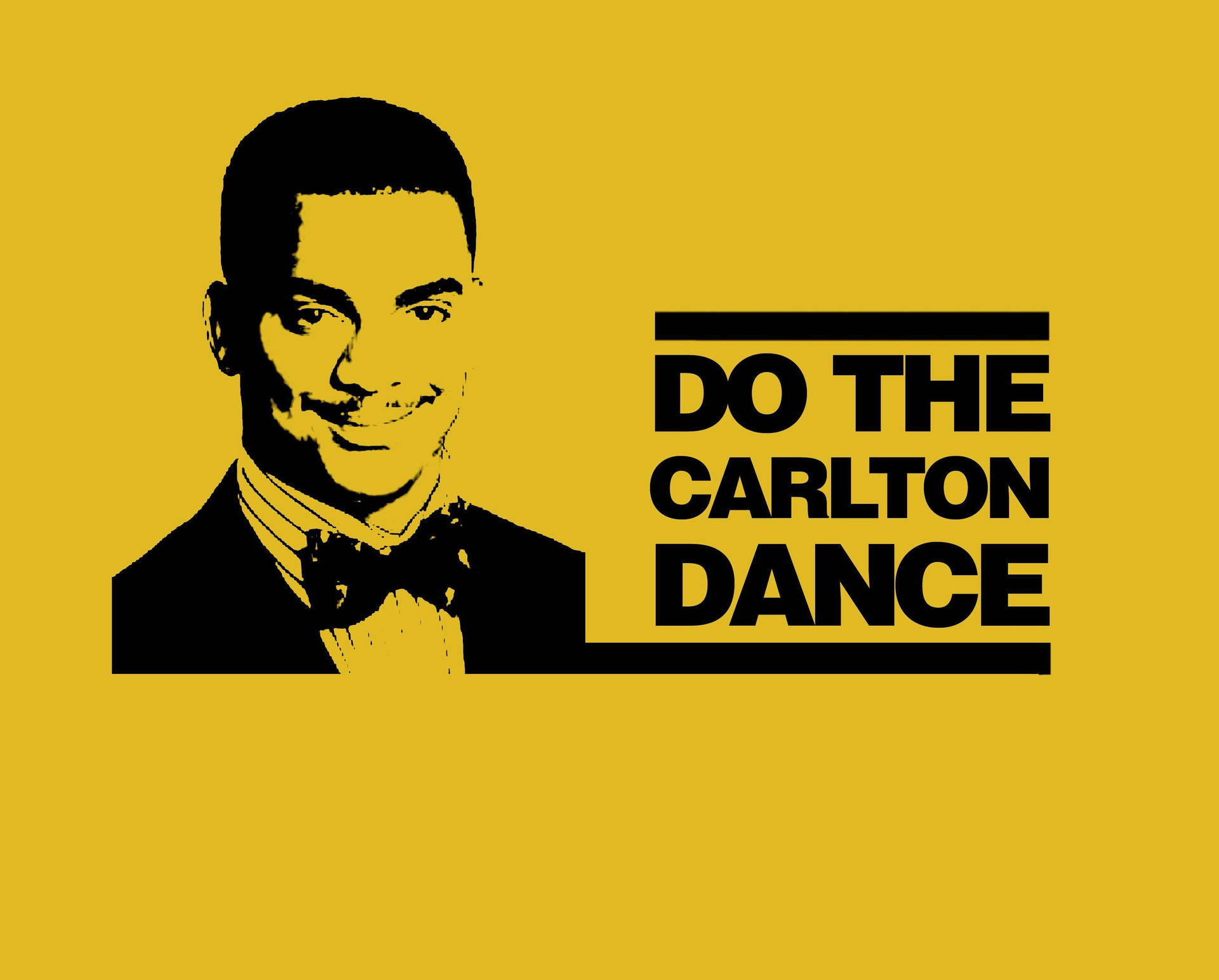 戴蝴蝶結的男士微笑，黃色背景上有文字「Do the Carlton Dance」。