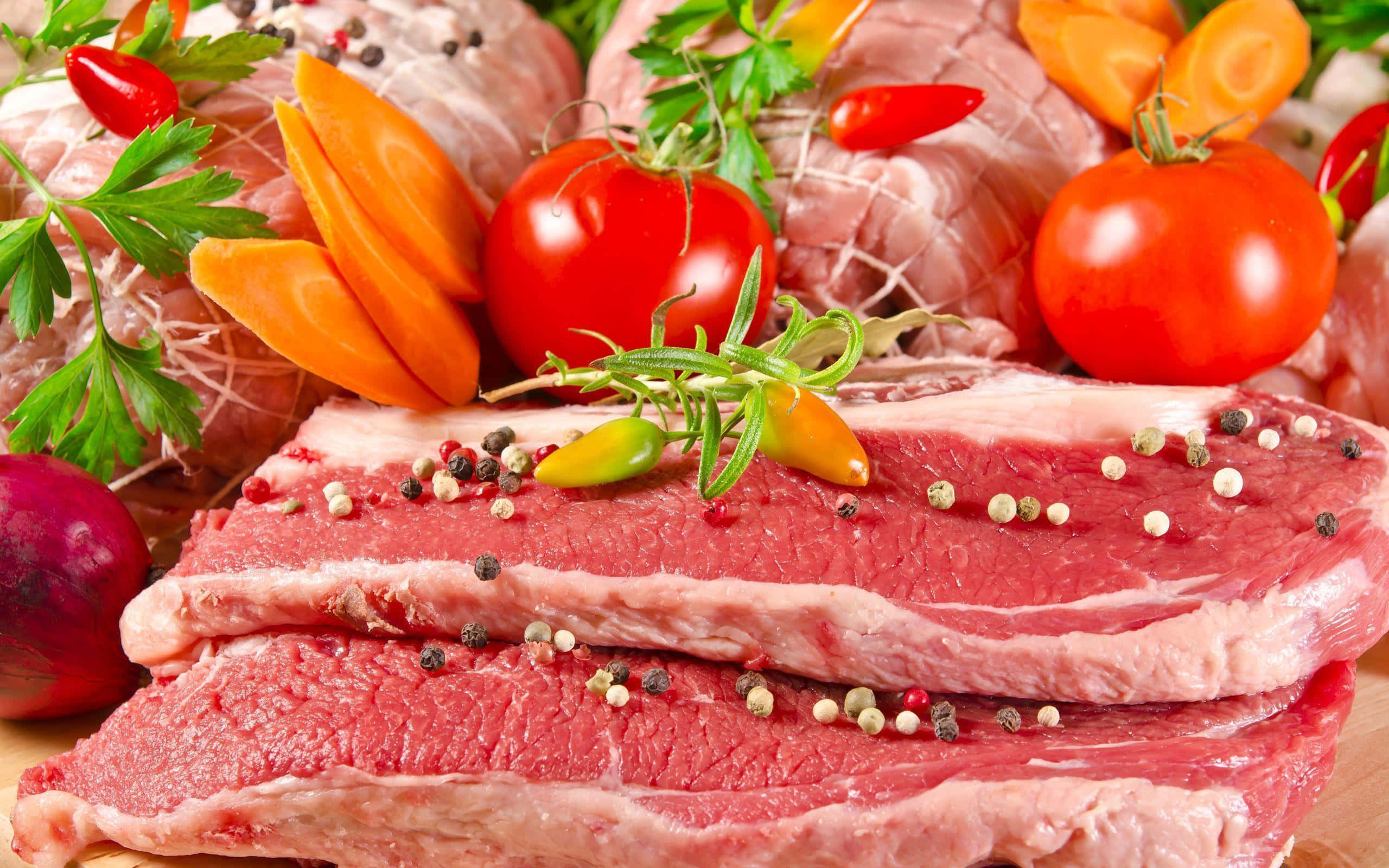 meat 桌布 壁紙 — 新鮮生牛肉扒以胡椒粒調味，並以番茄、紅蘿蔔和香草裝飾。