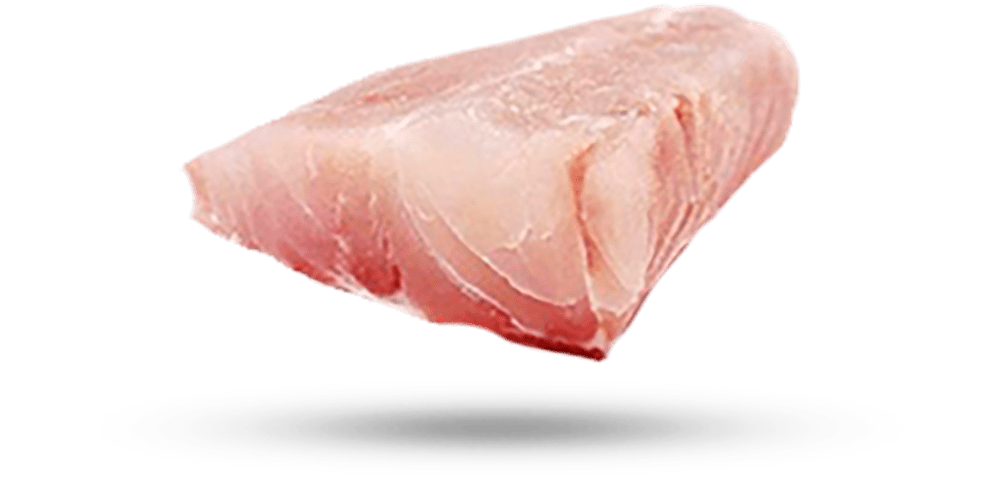新鮮生雞胸肉 壁紙 — 一塊生吞拿魚扒漂浮在白色碟子上方，黑色背景，帶柔和陰影。