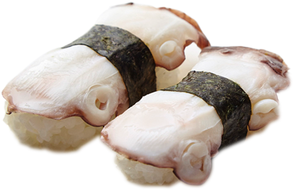 新鮮章魚握壽司 壁紙 — 兩件壽司，半透明魚肉配深色海苔包裹，放在白飯上，黑色背景。