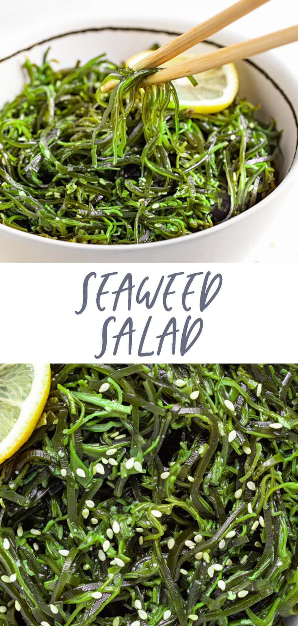 Seaweed 桌布 壁紙 — 新鮮綠色海藻沙律放在白色碗中，上面撒上芝麻和檸檬角。