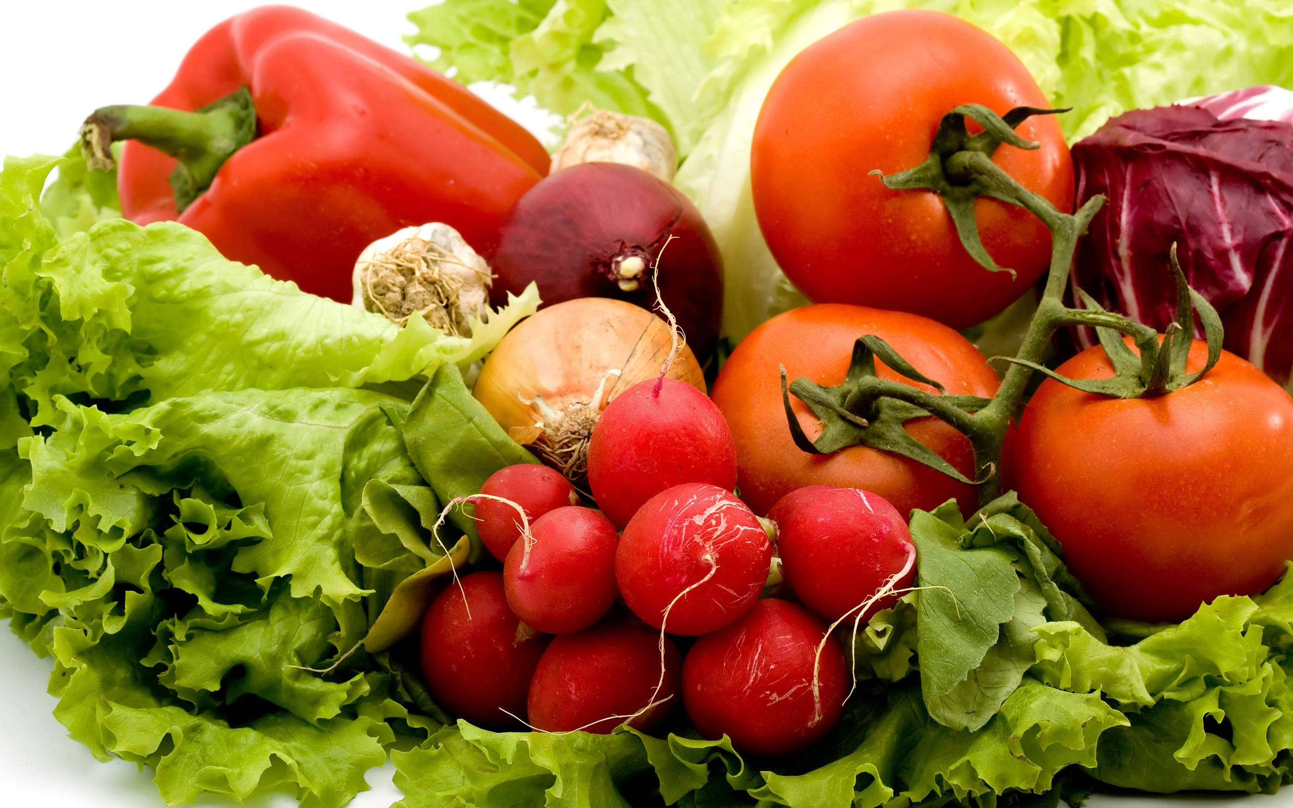 Vegetable 桌布 壁紙 — 新鮮蔬菜的鮮豔特寫，包括紅甜椒、番茄、小蘿蔔和生菜，排列在白色表面上。