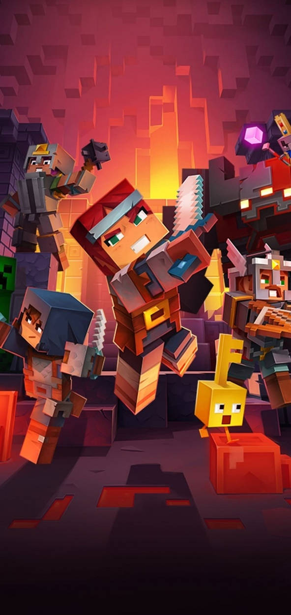 Jesse Group Minecraft iPhone 壁紙 — 方塊像素角色在熾熱的地下洞穴中戰鬥，洞穴中有發光的熔岩和石牆。