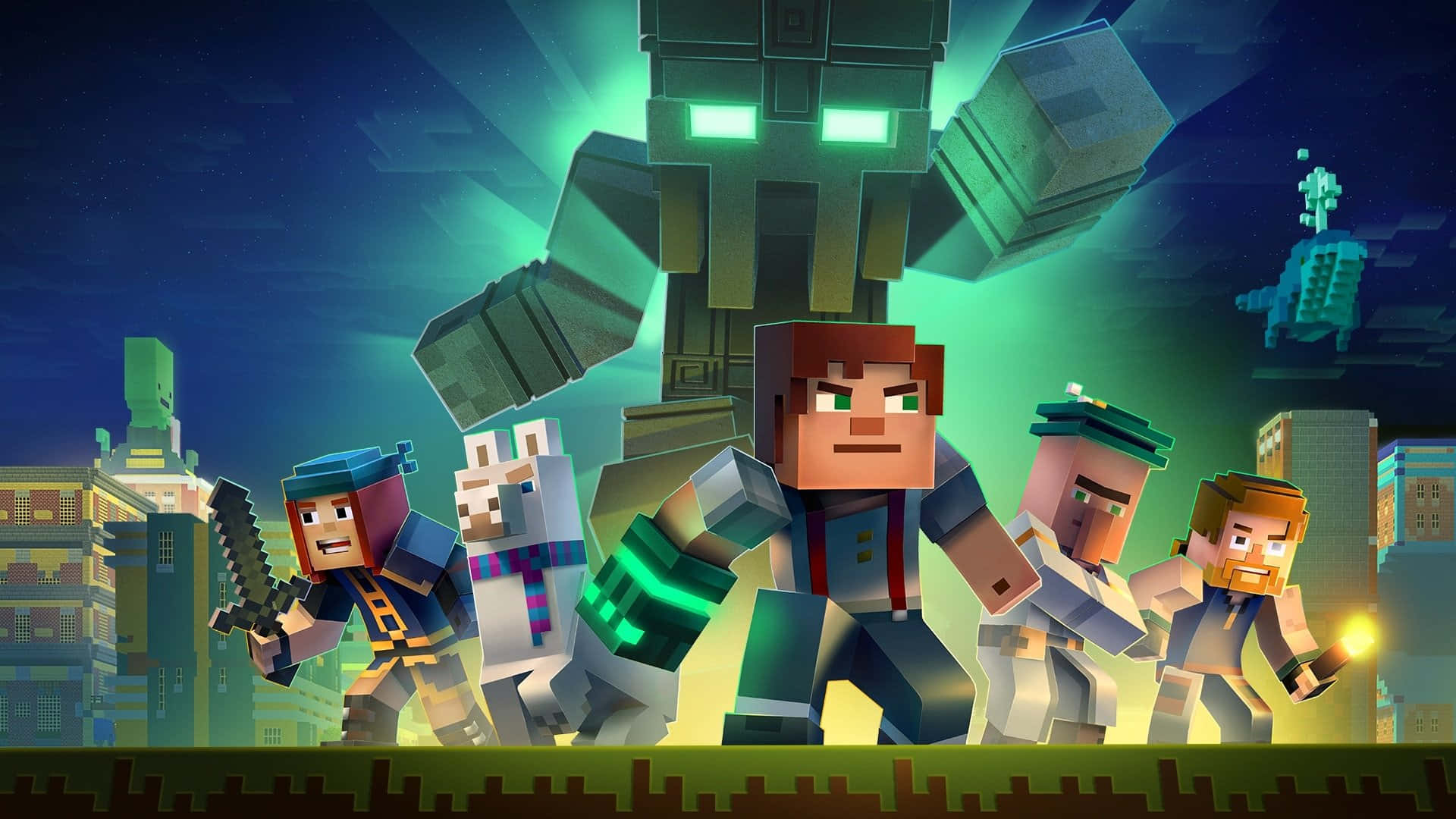 Minecraft Story Mode 桌布 壁紙 — 方塊冒險家在星空夜空下的像素化城市景觀中面對發光的綠色巨人。