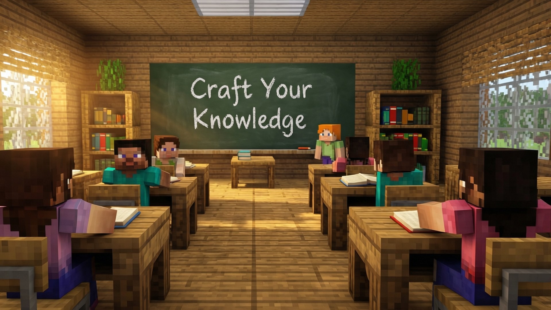 木製教室裡的Minecraft學生，黑板寫著Craft Your Knowledge。