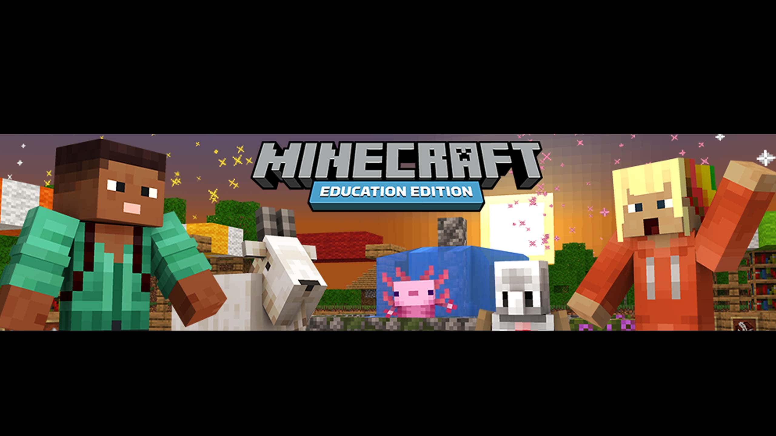 Minecraft Education Edition 桌布 壁紙 — 方塊狀的Minecraft Education Edition角色和動物一起站在色彩繽紛的像素世界裡，星空下。