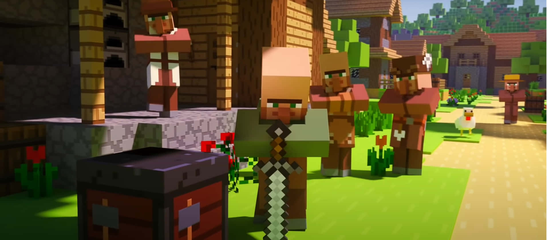 Minecraft Villager 桌布 壁紙 — 方塊狀的Minecraft村民站在陽光明媚的村莊中，村裡有木屋和紅花，在明亮的日光下。