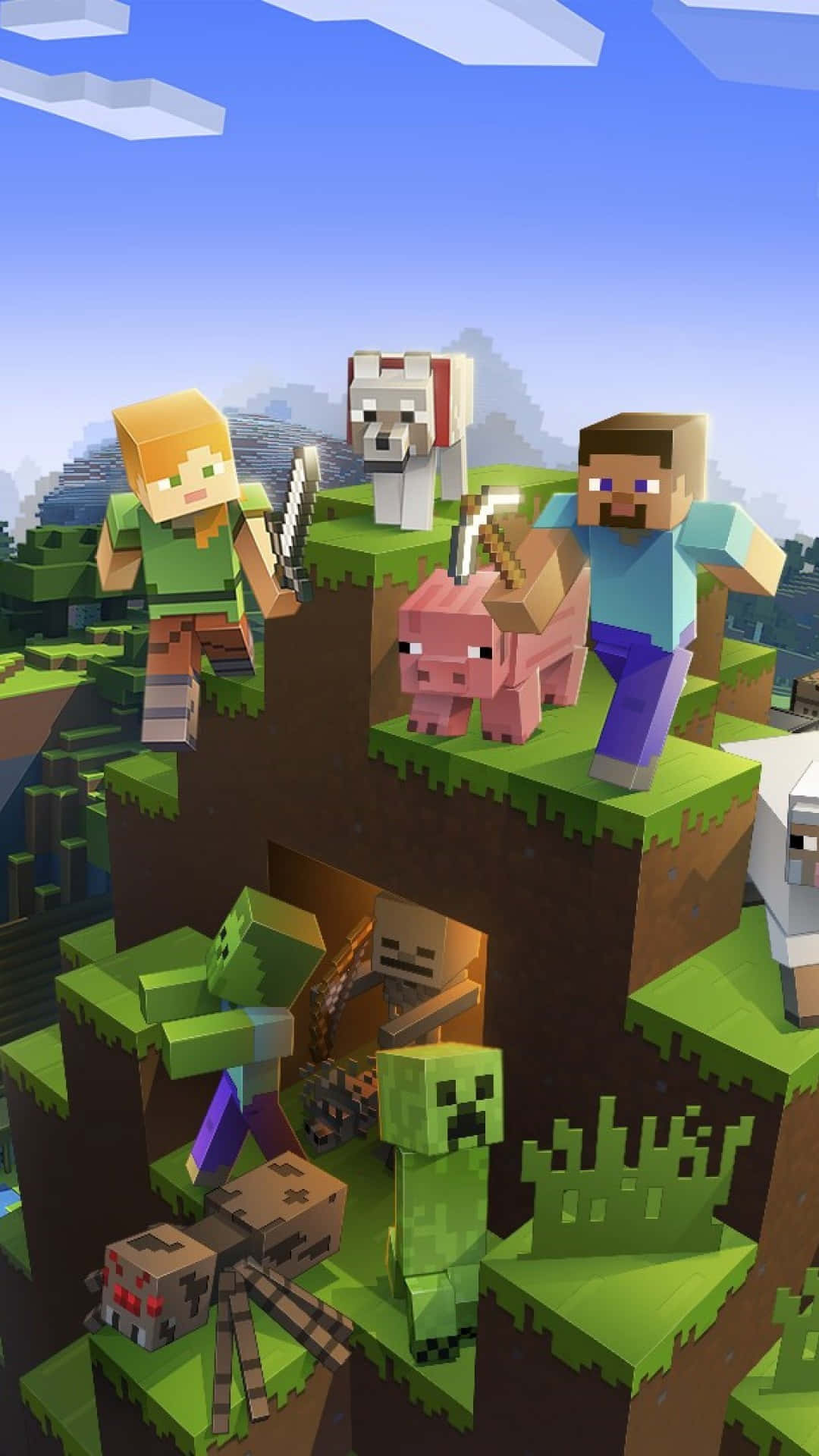 Minecraft Phone 桌布 壁紙 — 方塊狀的Minecraft角色和生物站在長滿草的浮空島嶼上，背景是晴朗的藍天和蓬鬆的白雲。