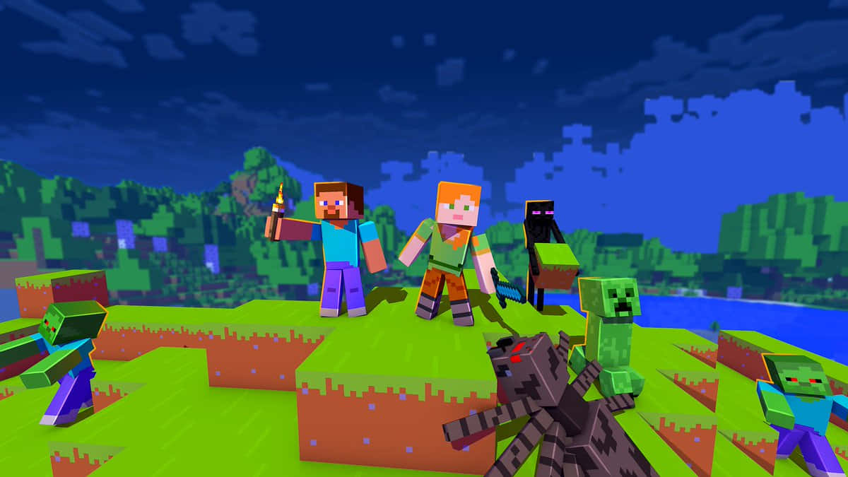 Minecraft Alex 桌布 壁紙 — 方塊狀的Minecraft角色在像素化的天空下，站在黃昏的草地上，周圍有殭屍和一隻狼。