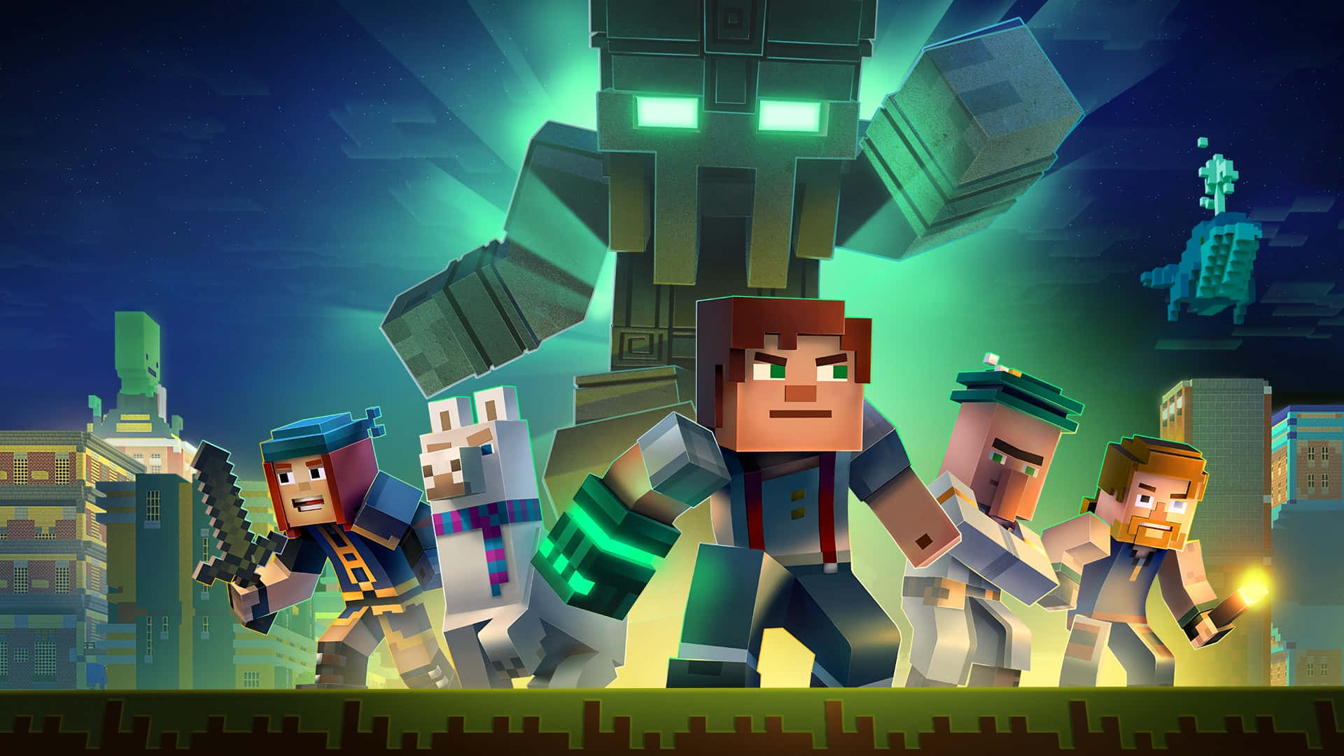 Minecraft Fight 桌布 壁紙 — 方塊狀的Minecraft角色在夜晚的像素化城市景觀中，挑釁地站在一個發光的綠色巨型機械人面前。