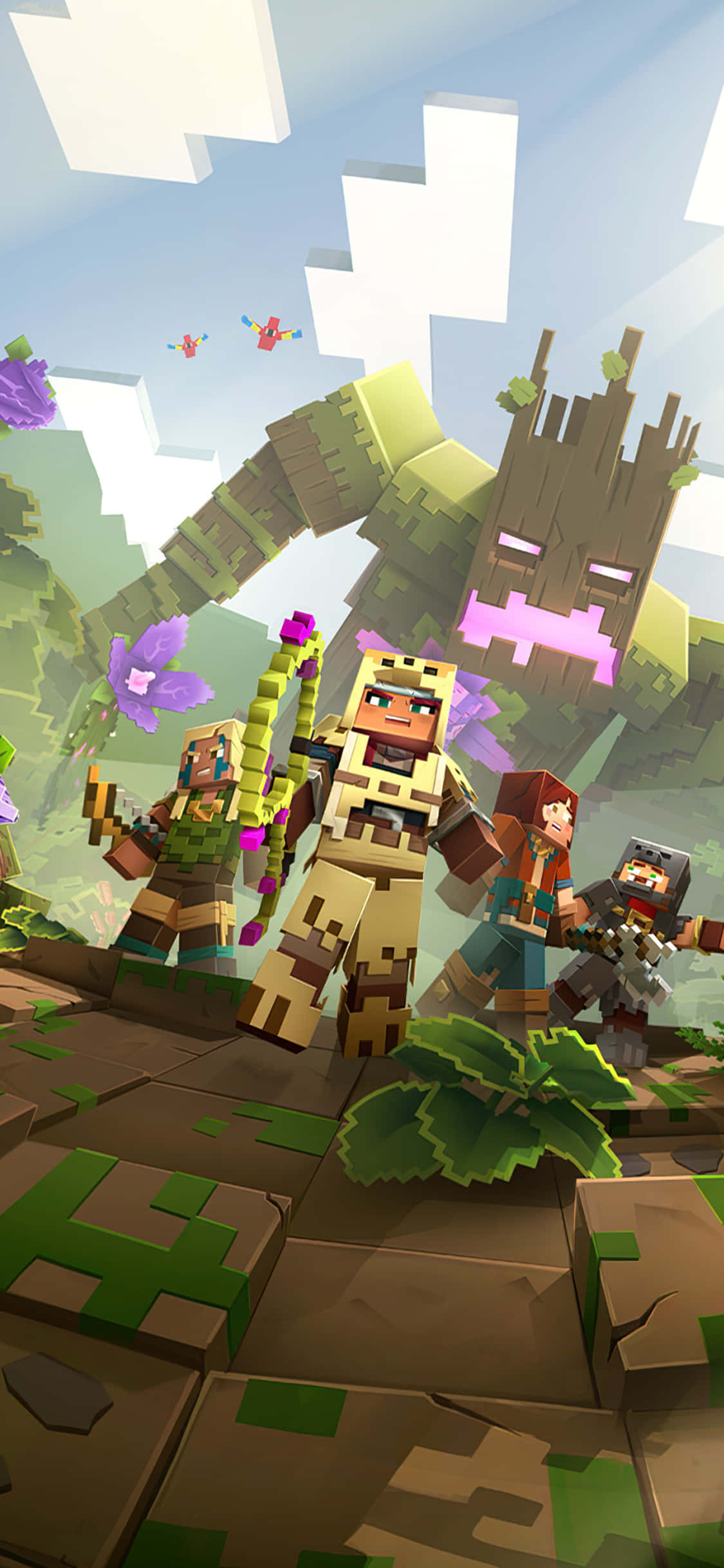 Minecraft Phone 桌布 壁紙 — 方塊狀的Minecraft角色站在一個巨大的樹生物面前，背景是充滿活力的像素叢林和浮空島嶼。