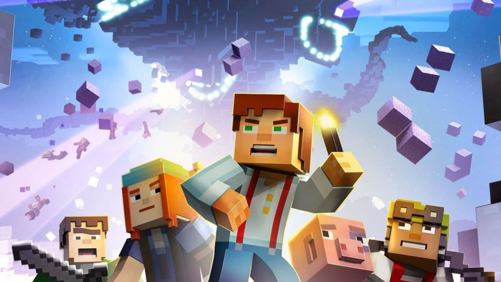 Minecraft Wither 桌布 壁紙 — 方塊狀的Minecraft角色英雄式地站在漂浮的紫色立方體和發光粒子之間，背景是充滿活力的天空。