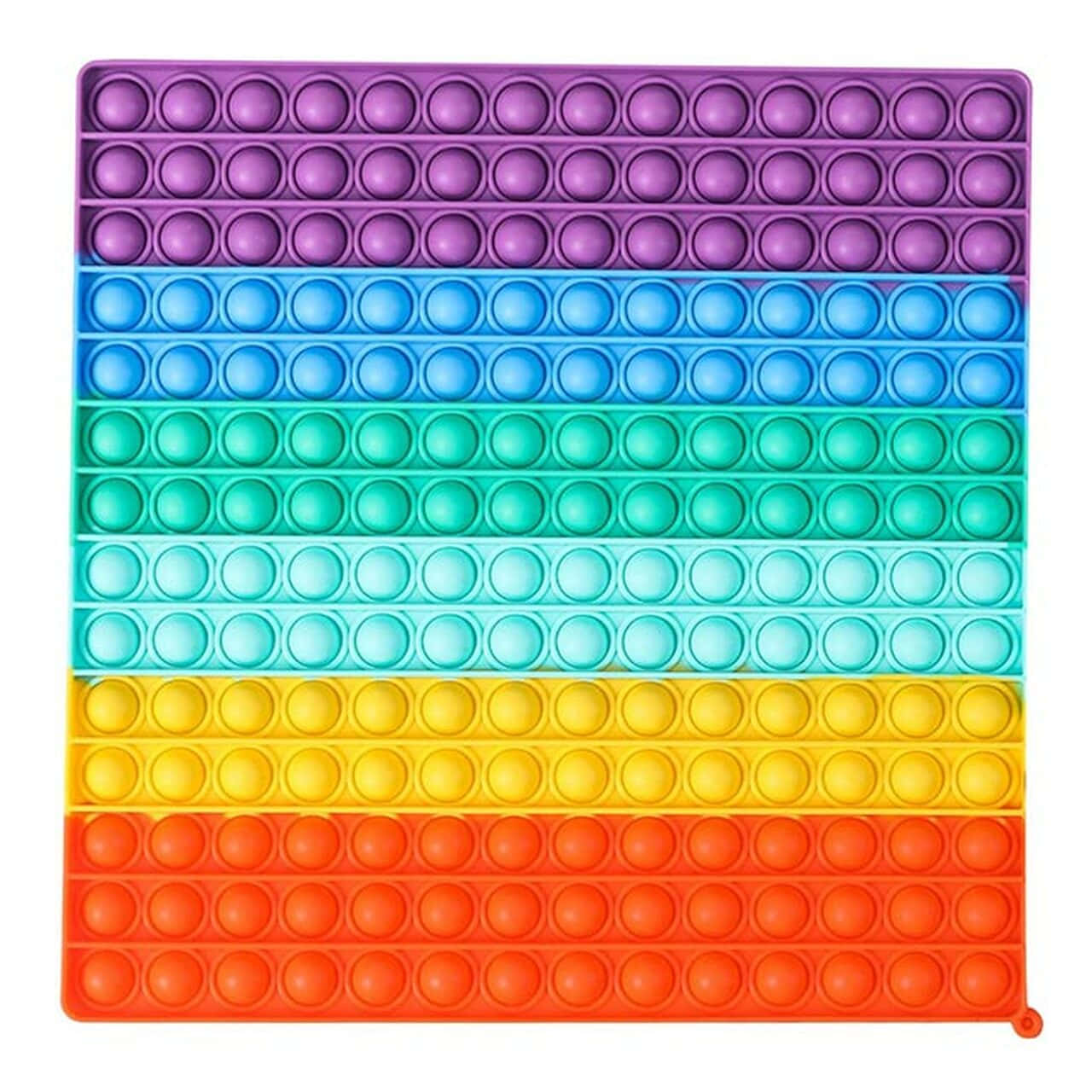 方形墊子Pop It玩具圖 壁紙 — 一個彩虹色的彈力泡泡減壓玩具，在白色背景上排列著彩色泡泡。