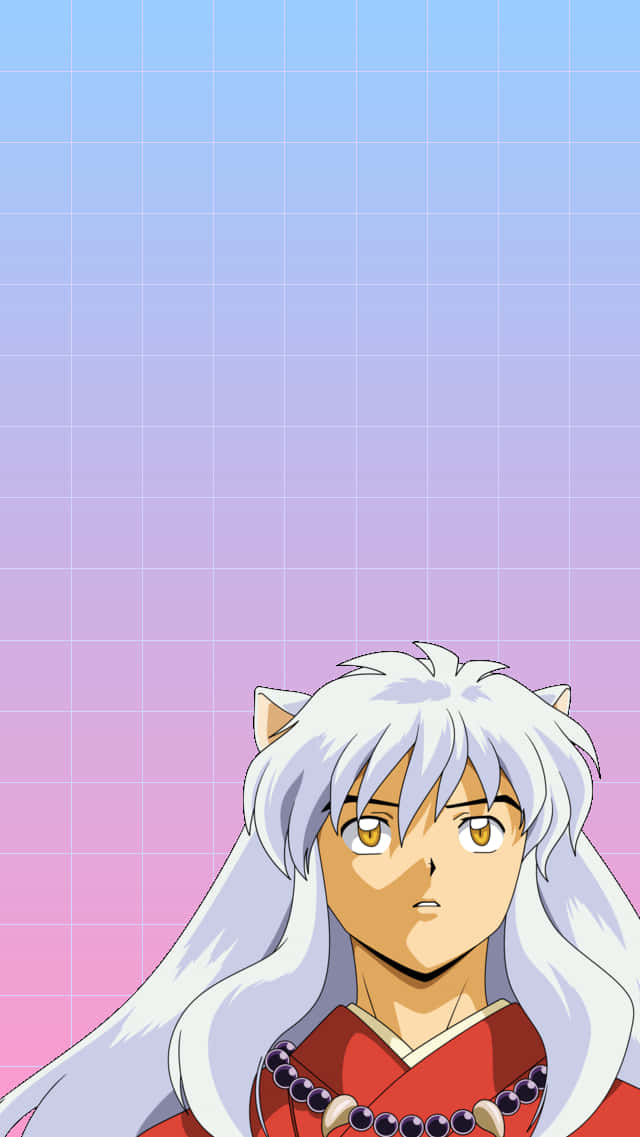 方格圖案《犬夜叉》手機壁紙 壁紙 — 動畫角色犬夜叉，白色頭髮和狗耳朵，在粉彩漸變網格背景前凝視前方。