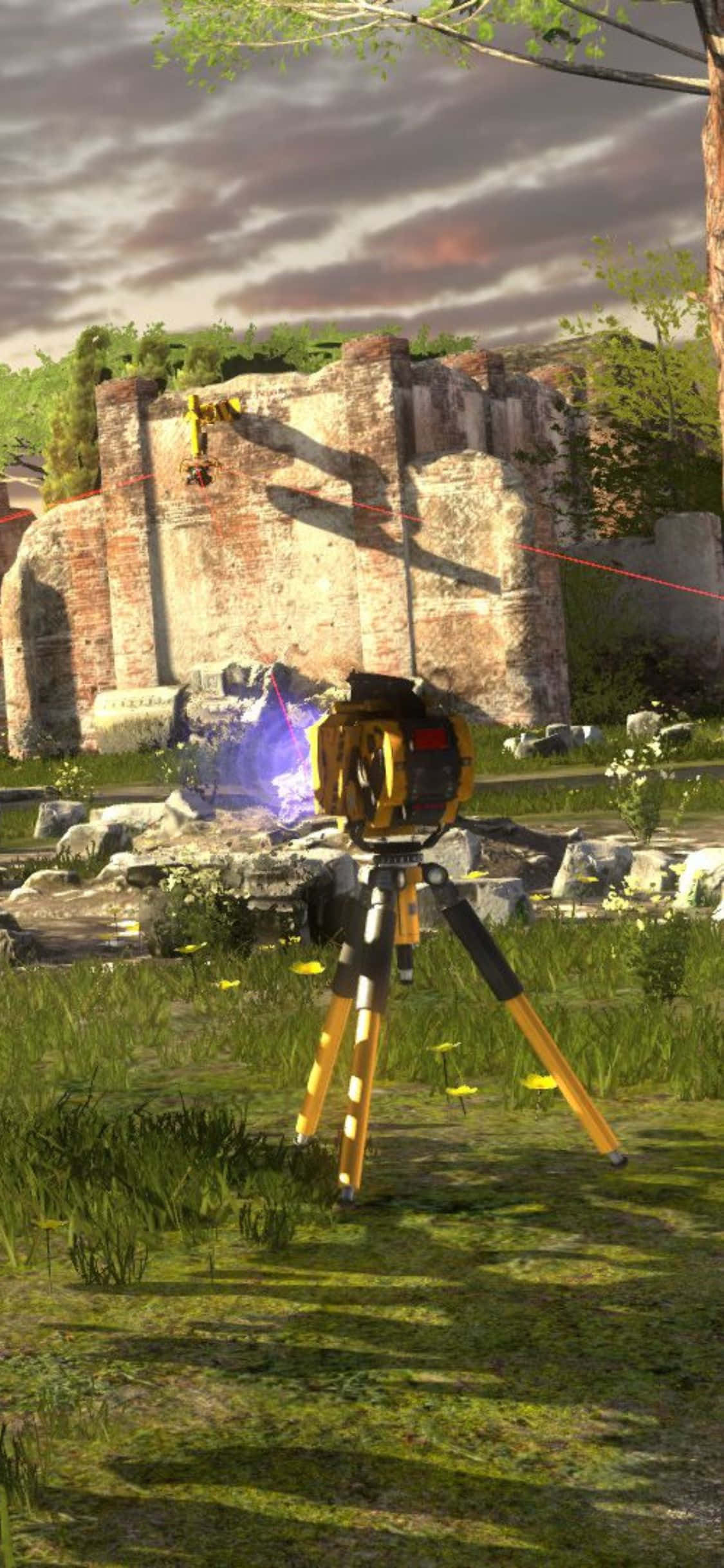 於 iPhone X 上探索《The Talos Principle》的超現實世界 壁紙 — 三腳架上的黃色雷射水平儀正在掃描被綠草和樹木環繞的古老石頭遺跡，天空多雲。