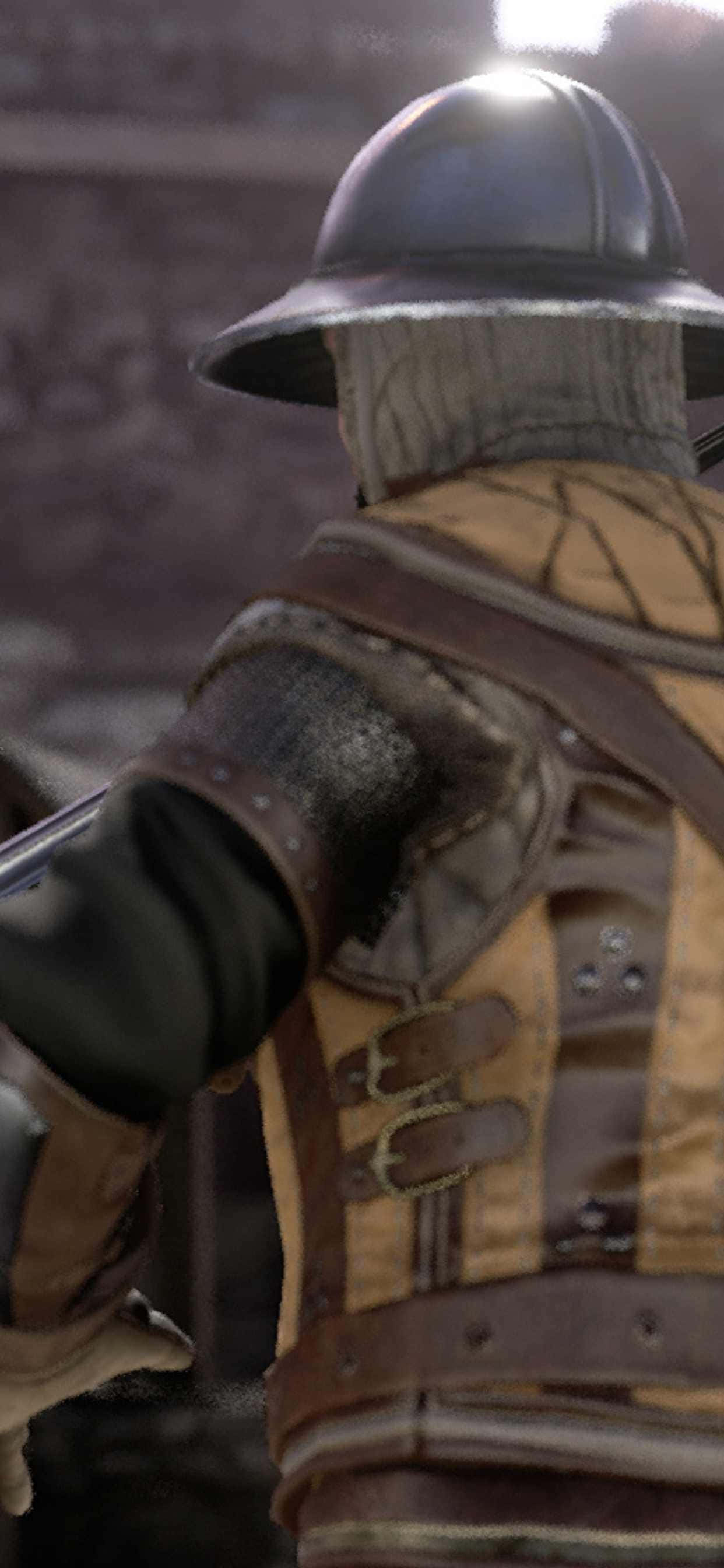 於 iPhone Xs Max 上暢玩 Mordhau 壁紙 — 從背後拍攝的中世紀騎士特寫，身穿破舊皮革盔甲和金屬頭盔。