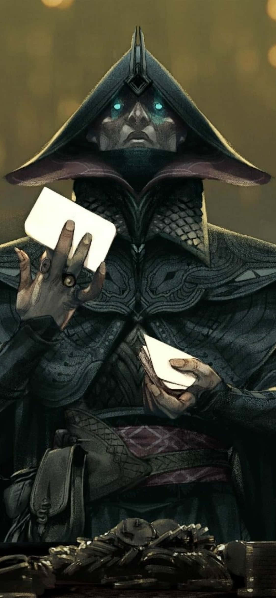 於 iPhone XS 上探索《龍 Age 詢問》的領域 壁紙 — 一個戴著兜帽的黑暗身影，藍色眼睛發光，在昏暗場景中將牌舉在一堆骨頭上。