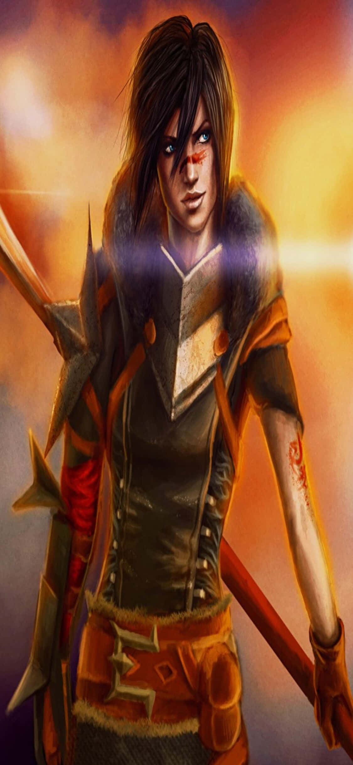 於 iPhone XS 上體驗《龍 Age 詢問》的扮演冒險 壁紙 — 一位兇猛的女戰士，黑髮閃爍著光芒的眼睛，站在熾熱的橙黃色背景前，揮舞著劍和盾牌。