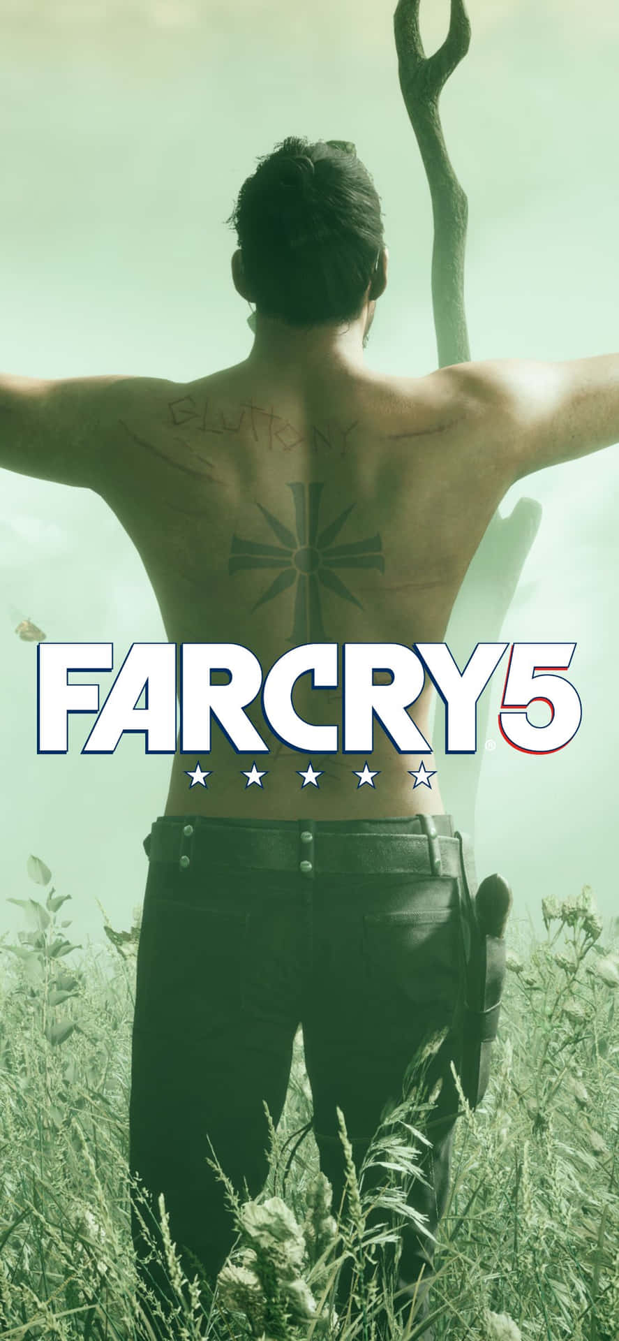 一個有紋身嘅男人喺高草叢中揸住一支杖嘅背面，帶有 Far Cry 5 標誌。