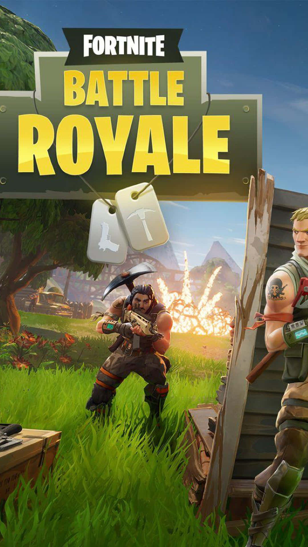 兩個 Fortnite 角色在草地上，背景有爆炸。