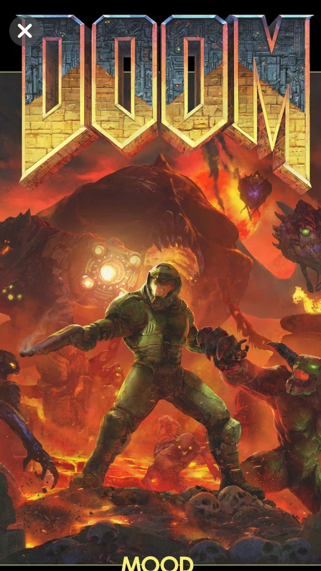 一名士兵在 Doom 遊戲的熾熱地獄場景中與惡魔戰鬥。