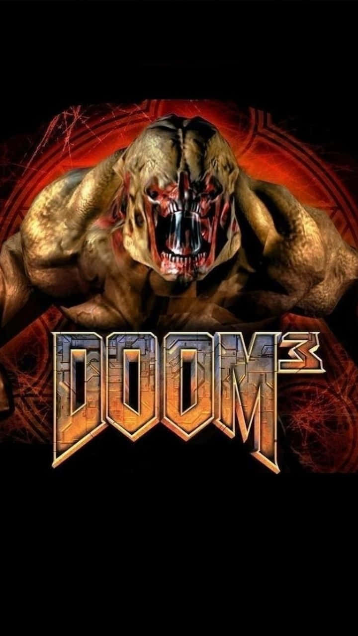 Doom 3 遊戲標誌，特色是擁有發光眼睛和尖銳牙齒的惡魔怪物。