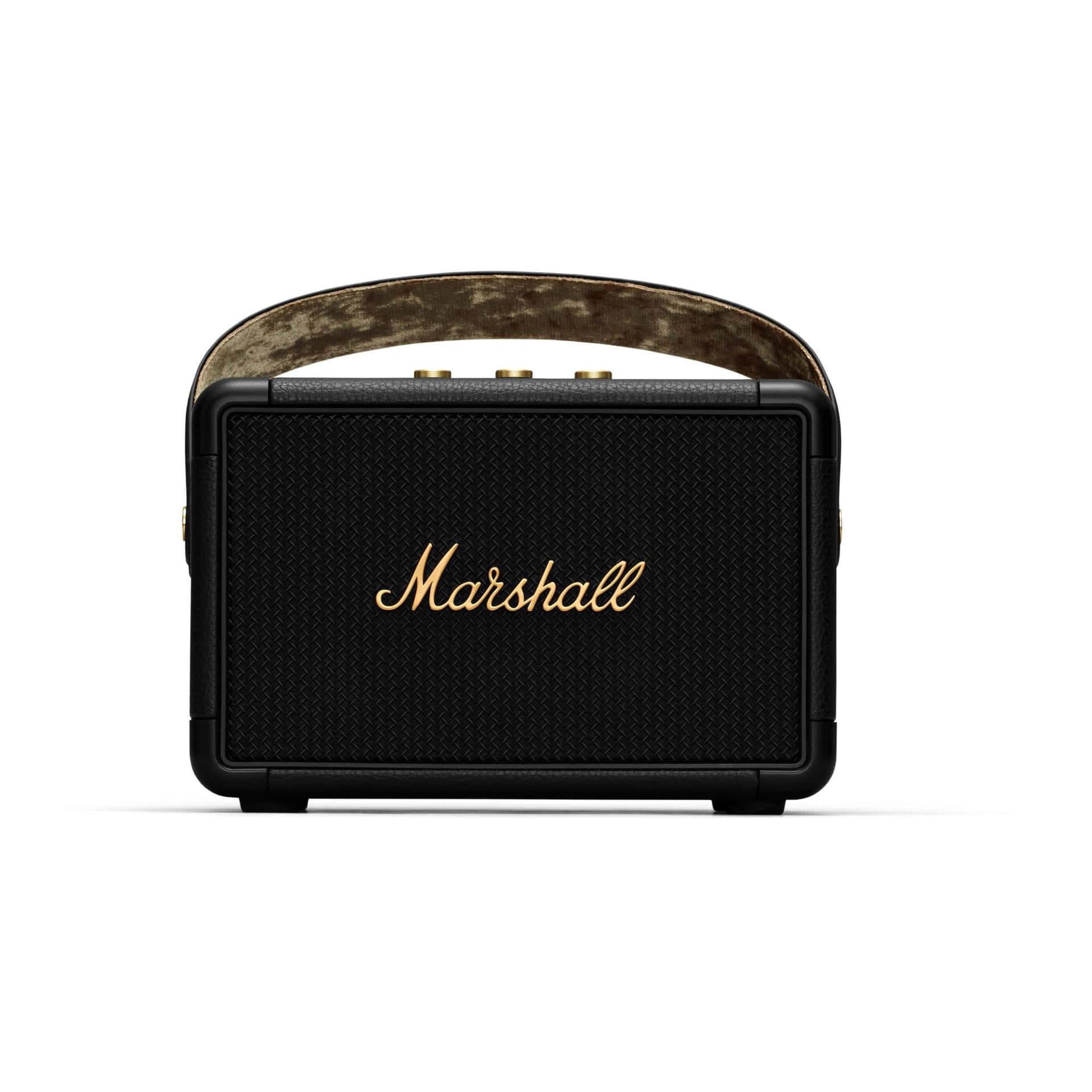黑色Marshall便攜式揚聲器，帶金色標誌和紋理手柄。