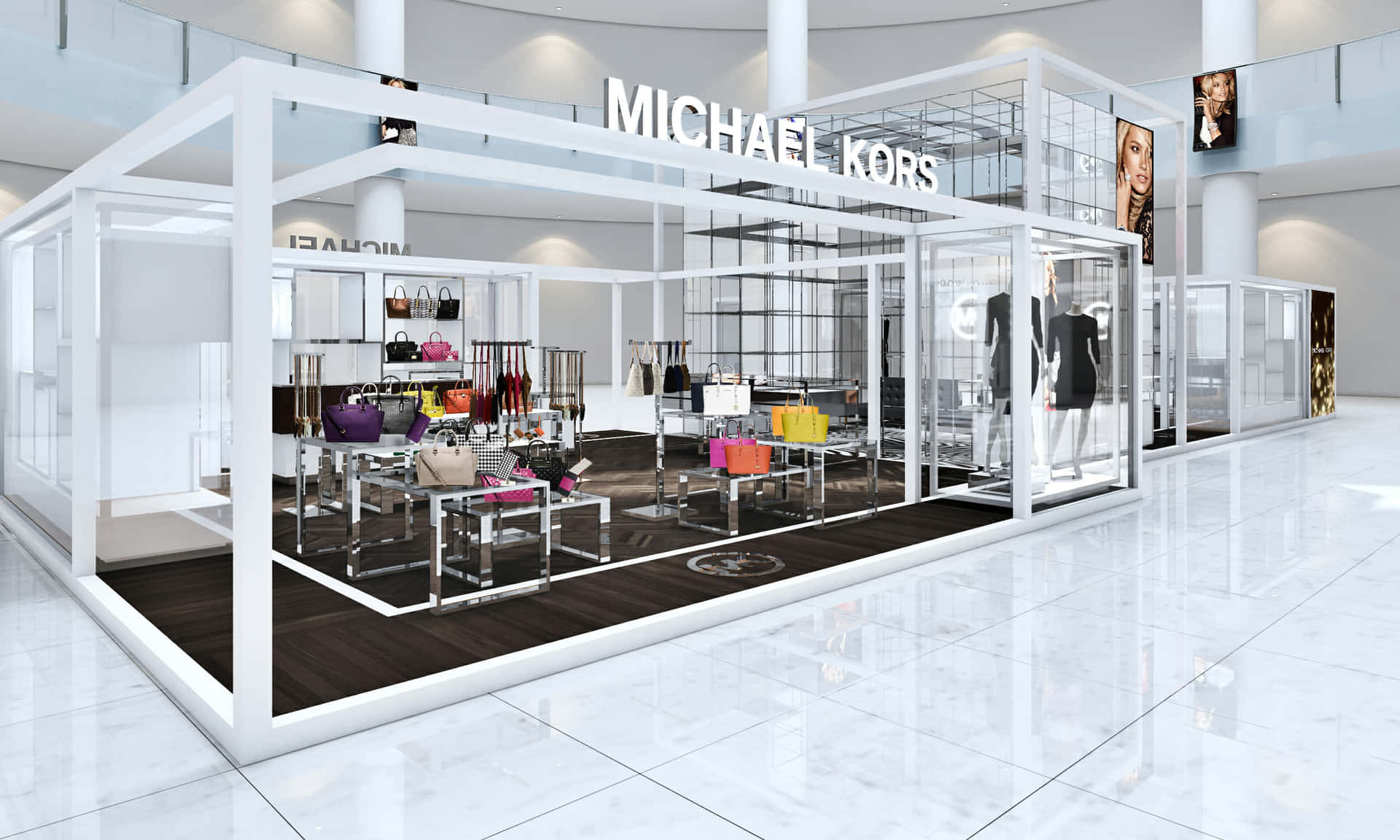 Michael Kors時裝店亭，玻璃牆和展示的色彩繽紛手袋。