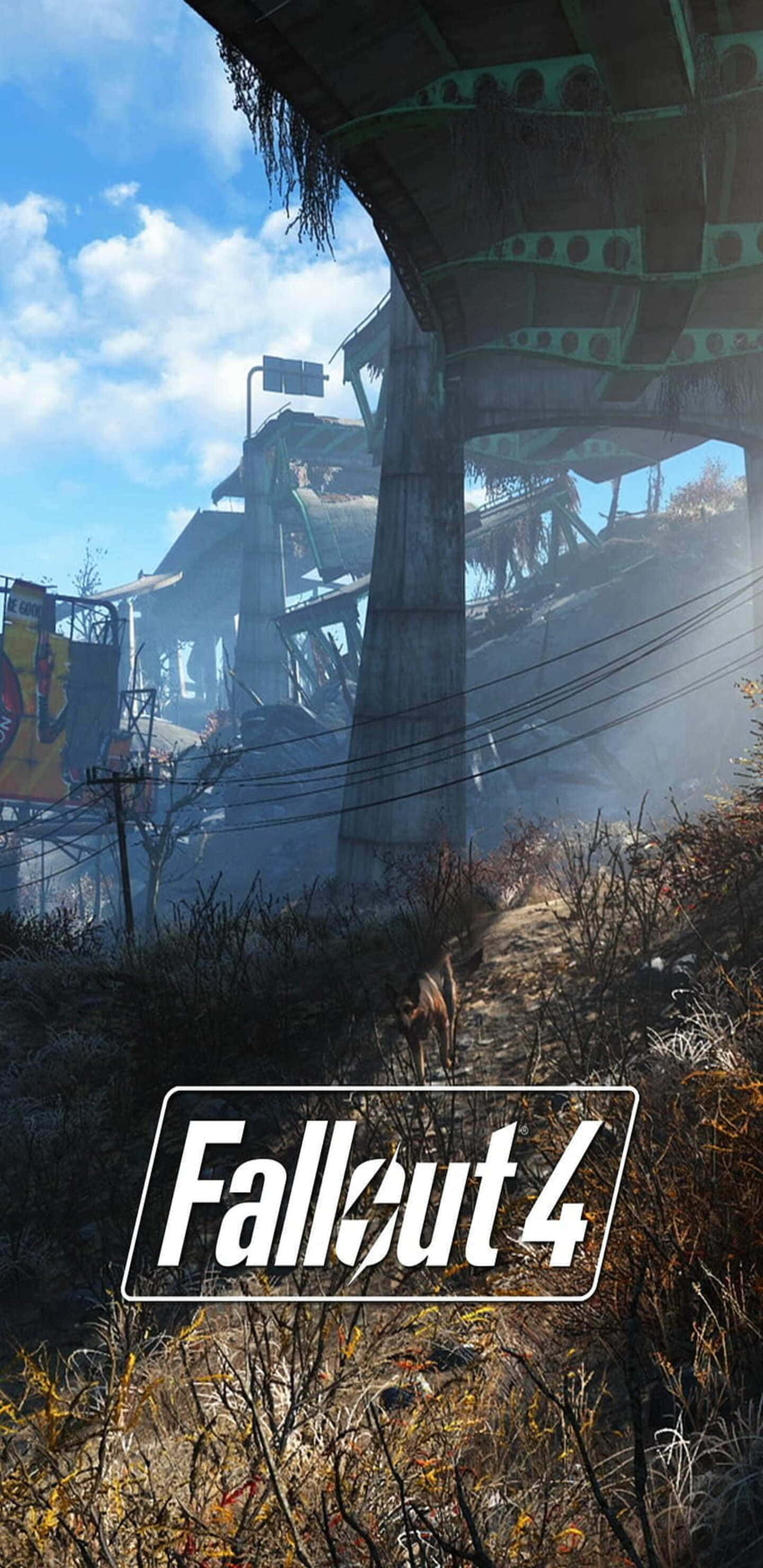 於 Pixel 3XL 探索 Fallout 76 的後末日世界 壁紙 — 在《Fallout 4》中，一座廢棄的高架橋在明亮的藍天下聳立在雜草叢生的荒地上。