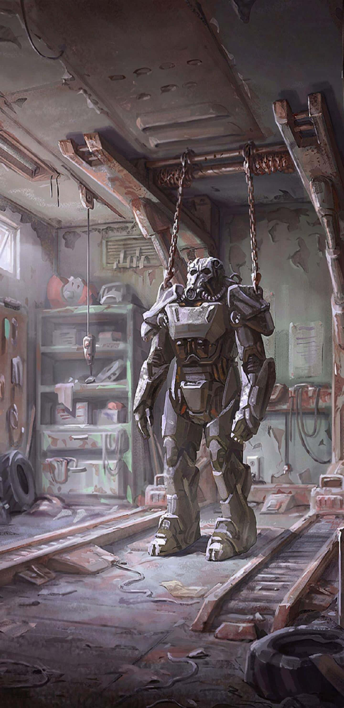 於 Pixel 3xl 探索 Fallout 76 的壯麗廢土 壁紙 — 一架風化的裝甲機甲懸掛在一個雜亂、光線昏暗的工作室中，裡面充滿了工具和碎片。